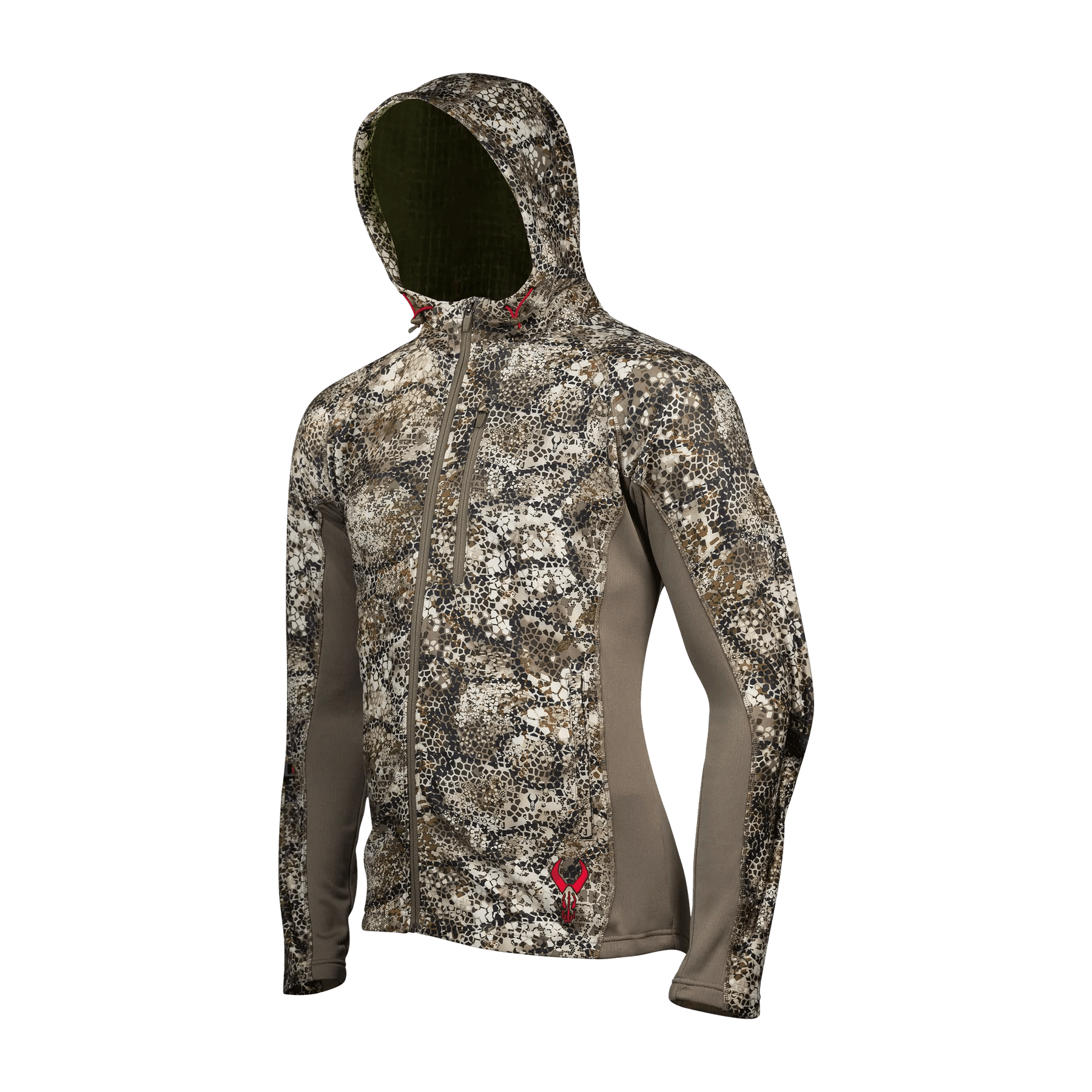 Badlands Flex Full Zip Hoodie 2.0 in camo pattern with hood and front zipper, outdoor apparel