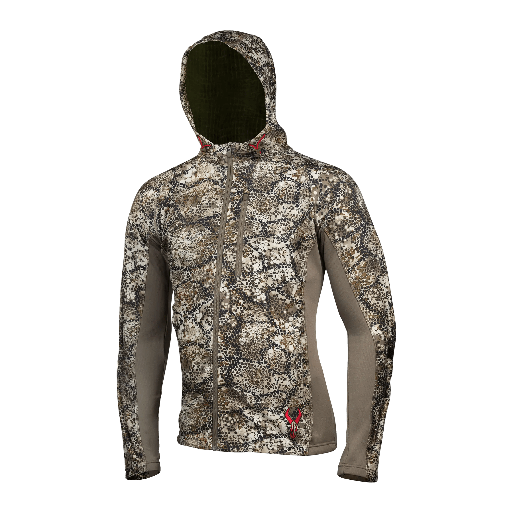 Badlands Flex Full Zip Hoodie 2.0 in camo pattern, front view on plain background