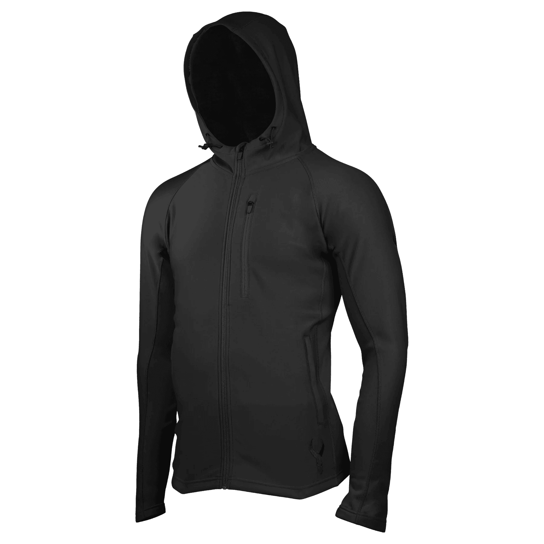 Black full-zip hoodie with hood, chest pocket, and slim fit on a featureless mannequin
