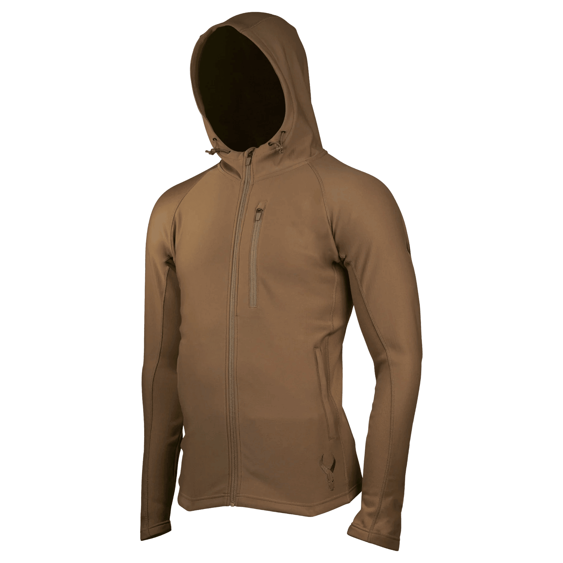 Brown full-zip hoodie with hood, chest pocket, and outdoor athletic fit