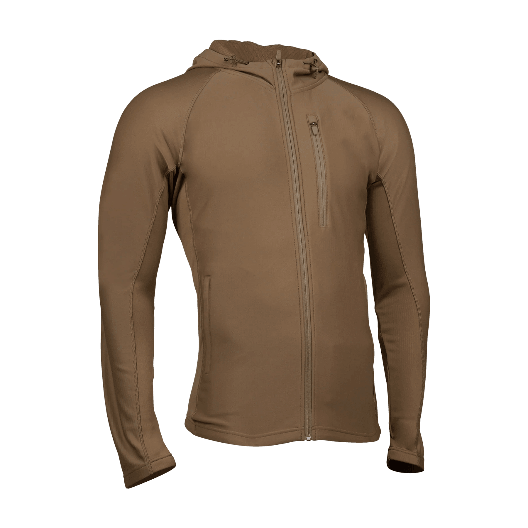 Brown full zip hoodie with chest pocket, outdoor sports apparel on plain background