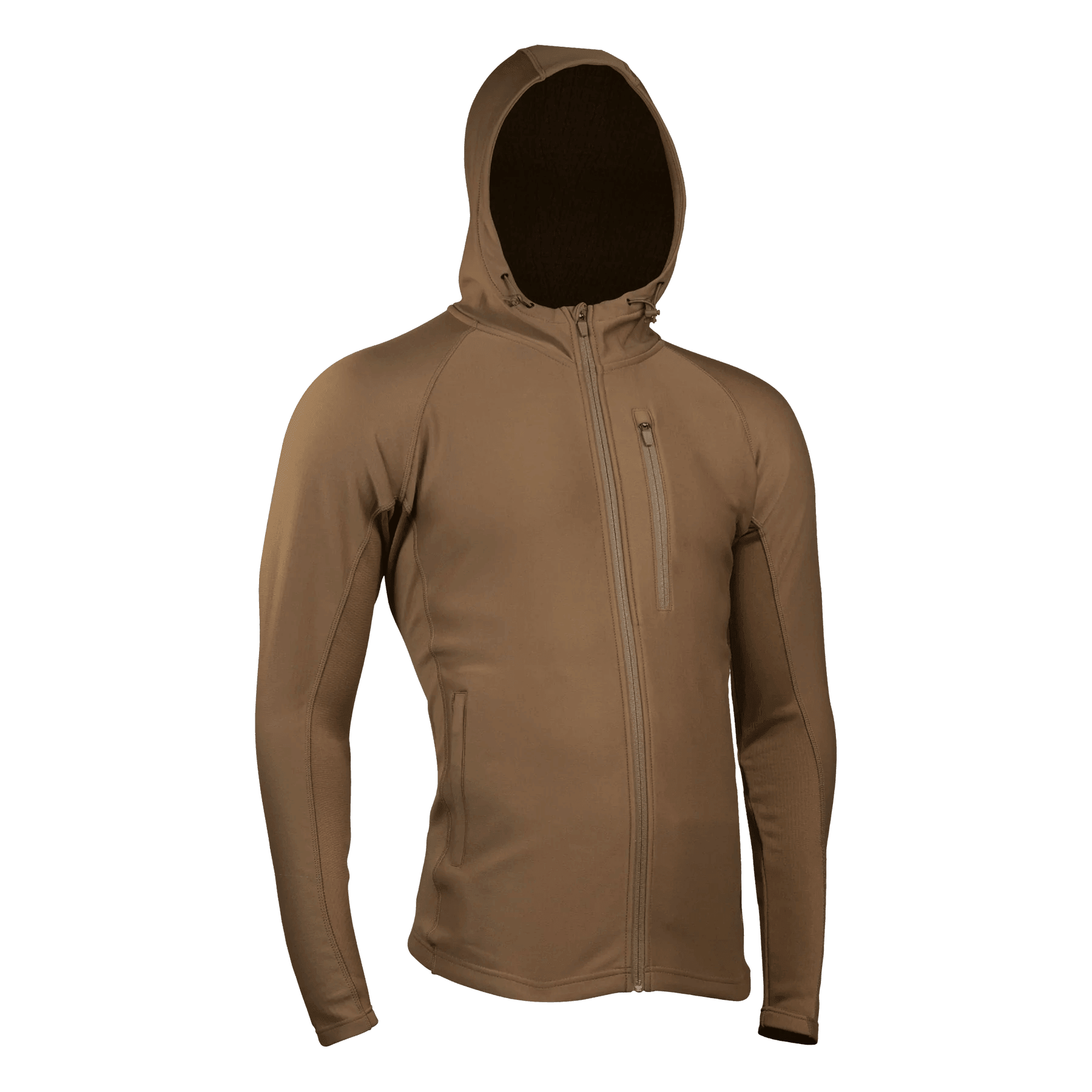 Brown full-zip hoodie with hood and chest pocket, outdoor sports apparel