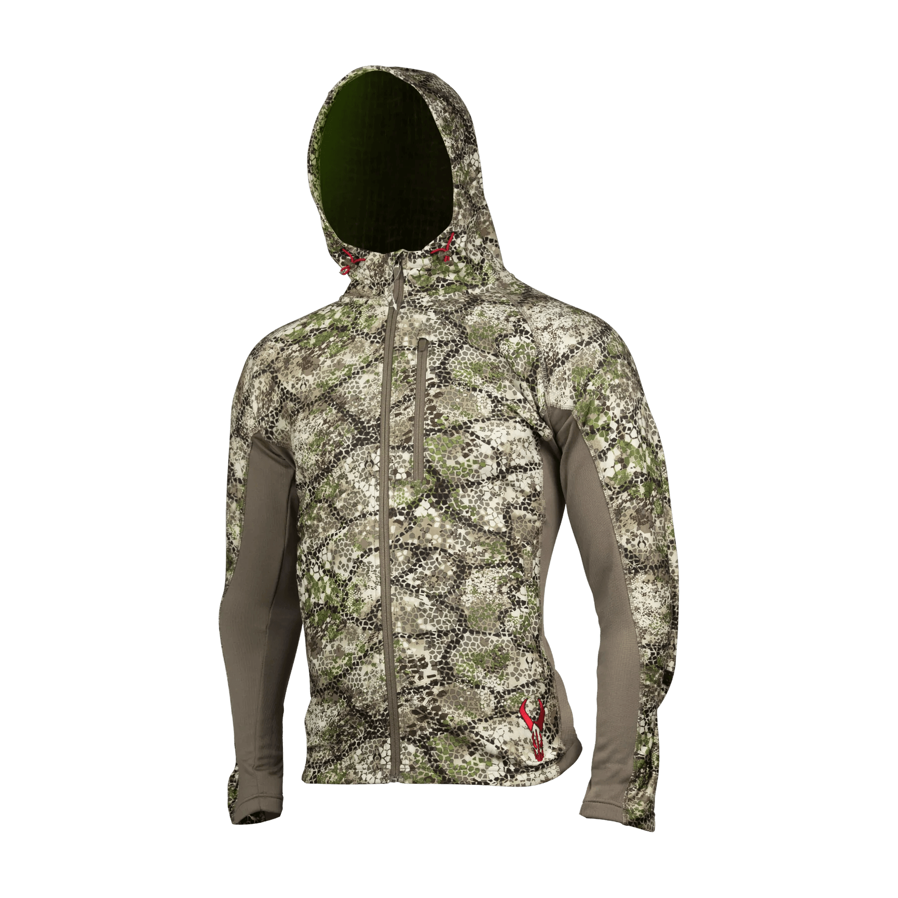 Badlands Flex Full Zip Hoodie 2.0 in camo pattern with chest pocket and logo, front view