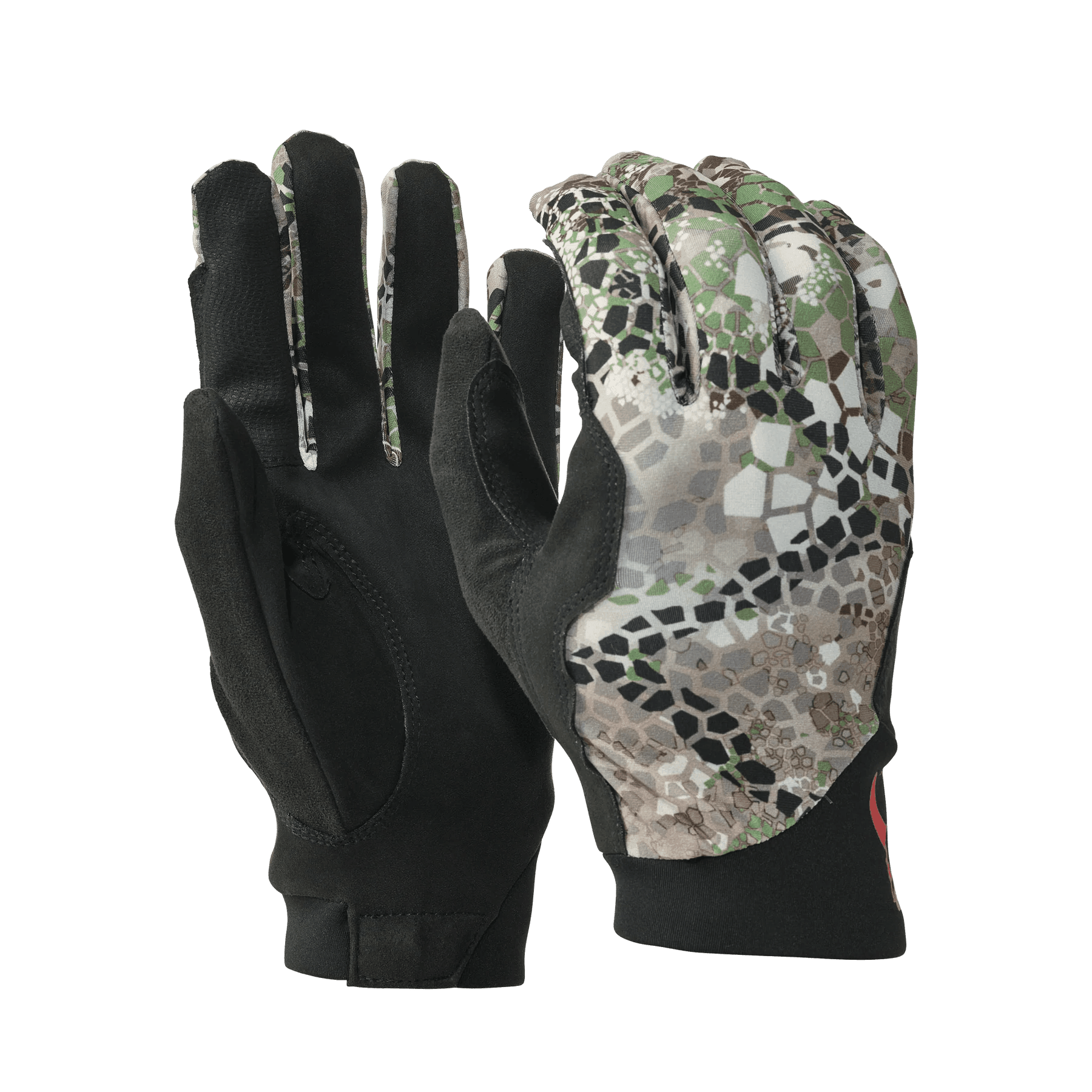 Badlands Flex Glove pair with green camo pattern for outdoor sports and hunting