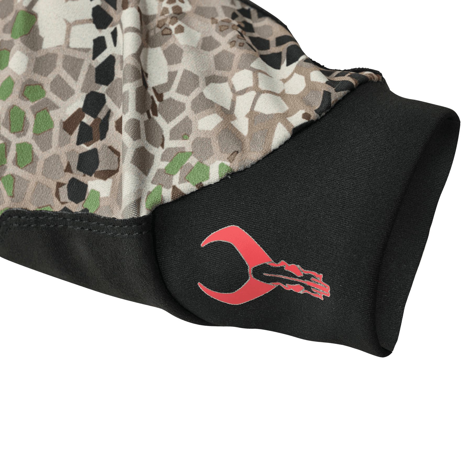 Badlands Flex Glove in camo pattern with red logo, outdoor sports apparel detail
