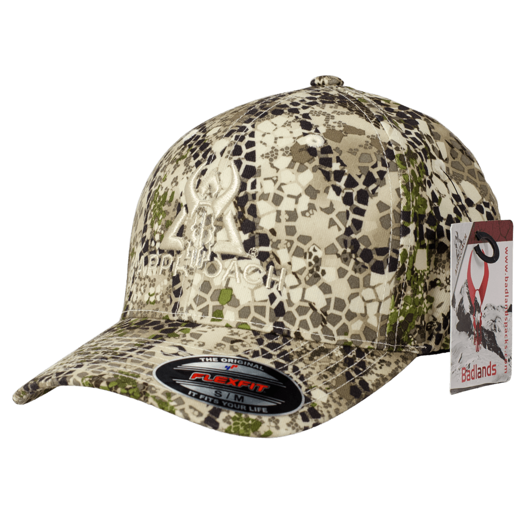 Badlands Flexfit camo hat with Approach pattern, outdoor sports headwear, product tag visible