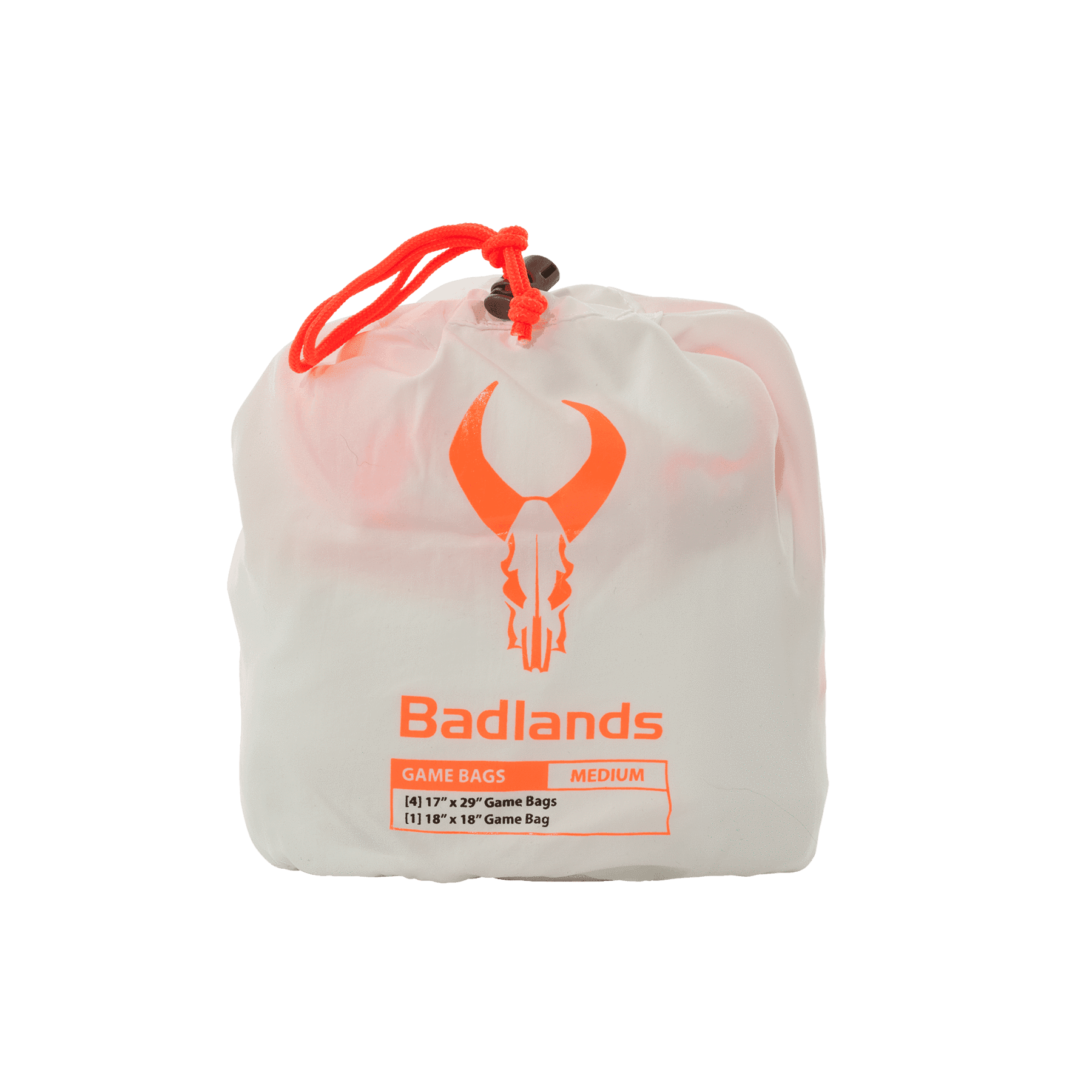Badlands game bags medium pack with orange drawstring and logo on white pouch