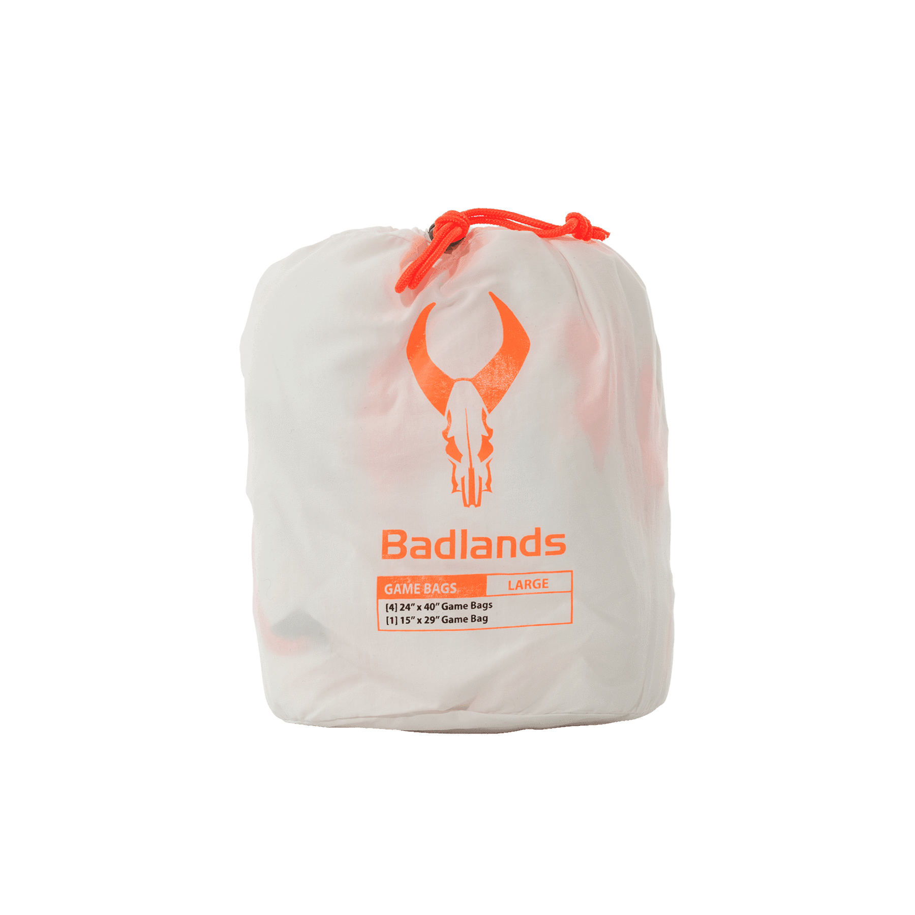 Badlands large game bags in white pouch with orange logo and drawstring, hunting gear