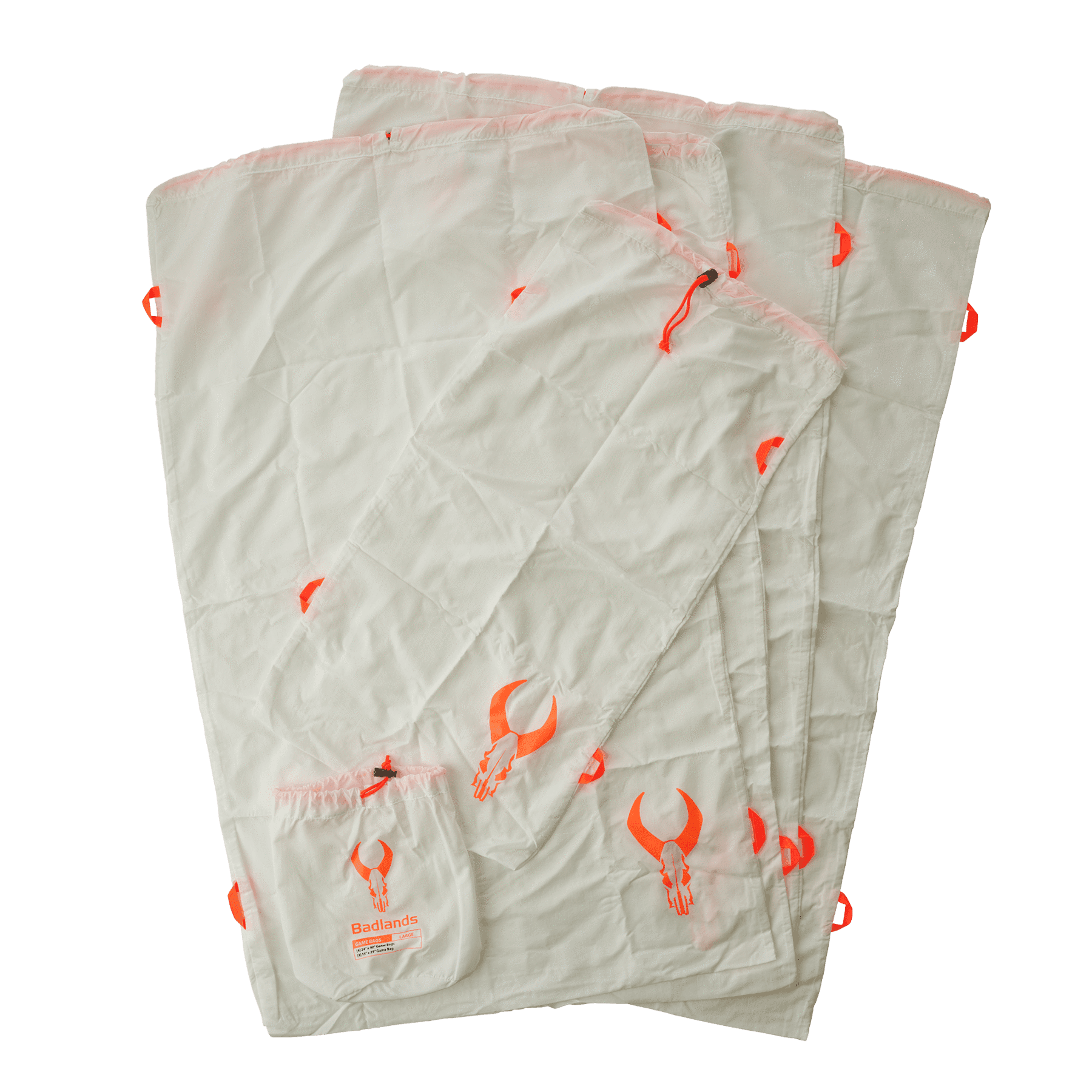 Badlands game bags set with orange logos and drawstrings on white fabric