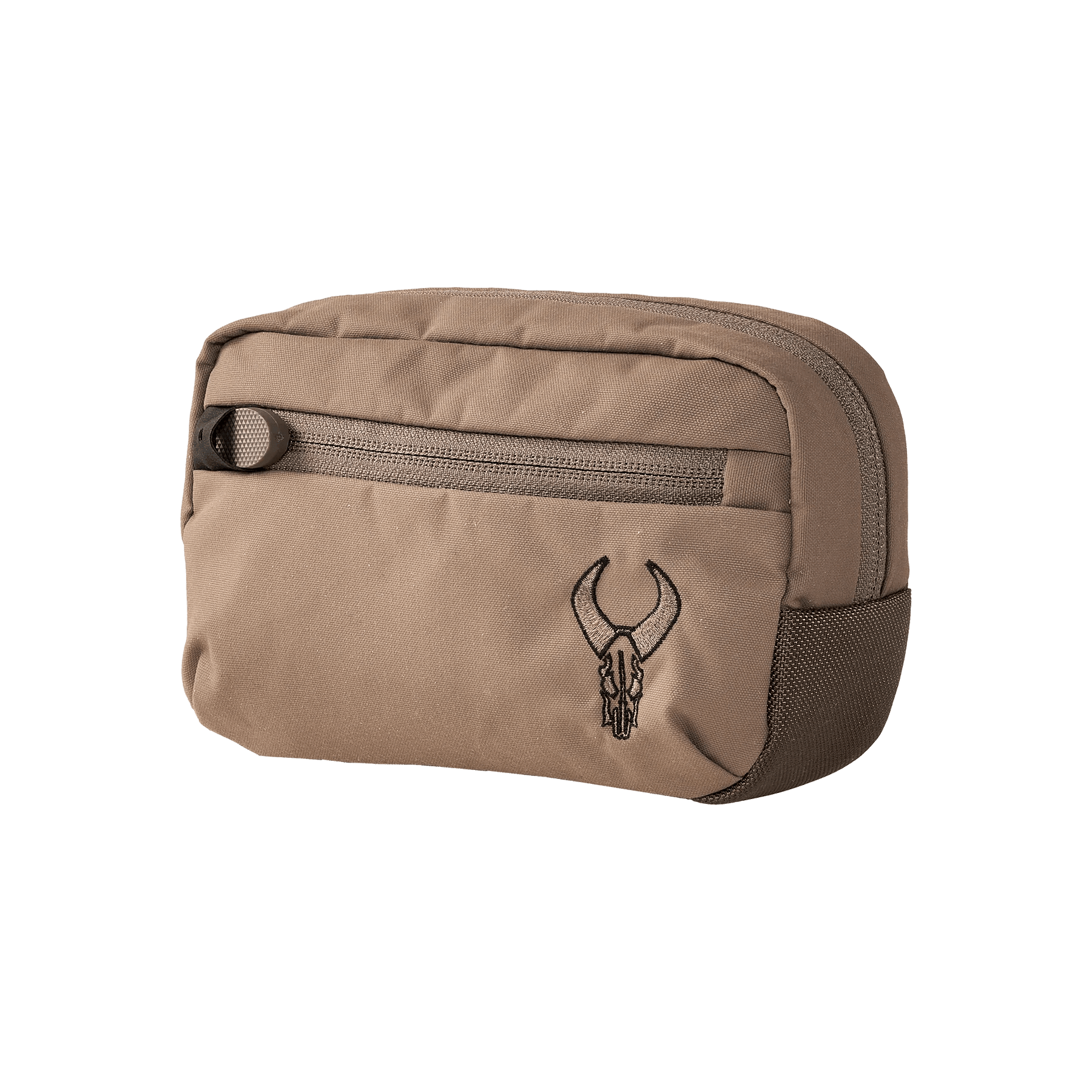 Tan Badlands horizontal pocket pouch with front zipper and embroidered skull logo