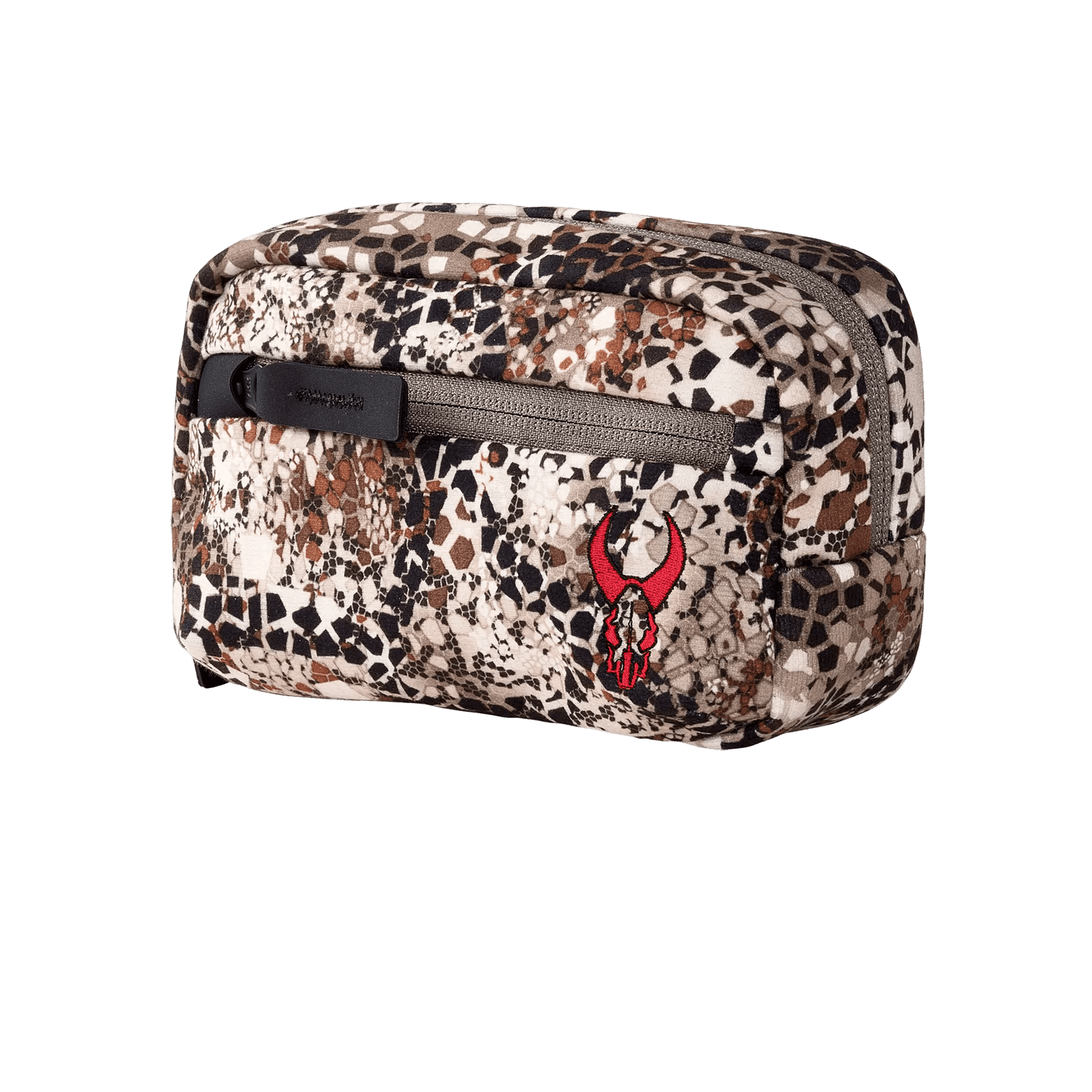 Badlands camo horizontal pocket pouch with zipper and red skull logo on front
