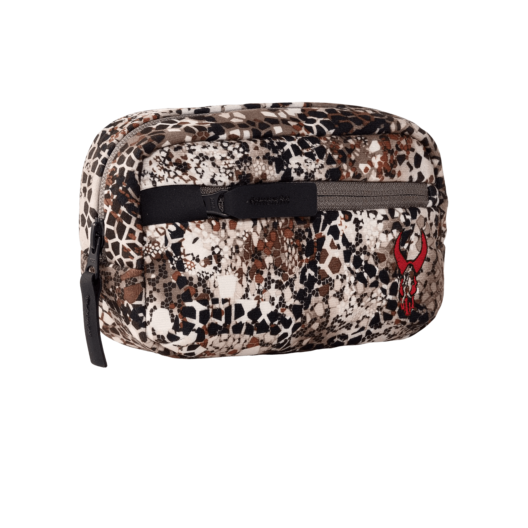 Badlands camo horizontal pocket bag with zipper and red skull logo