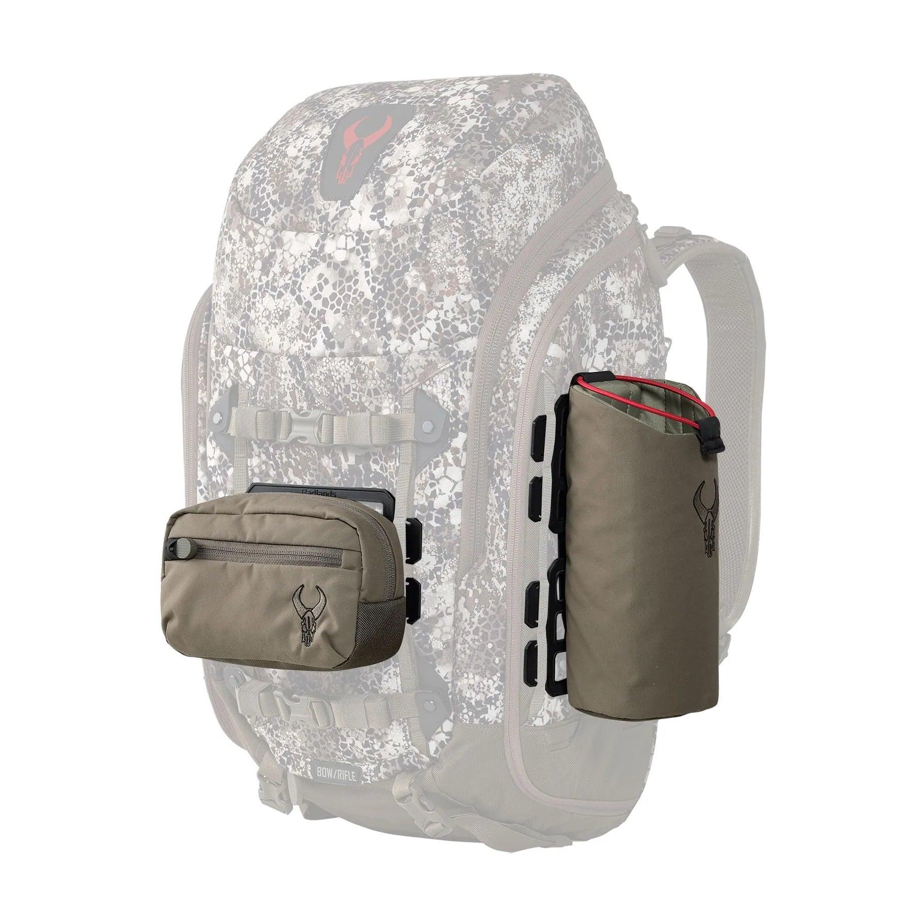 Badlands horizontal pocket accessory attached to camo hunting backpack
