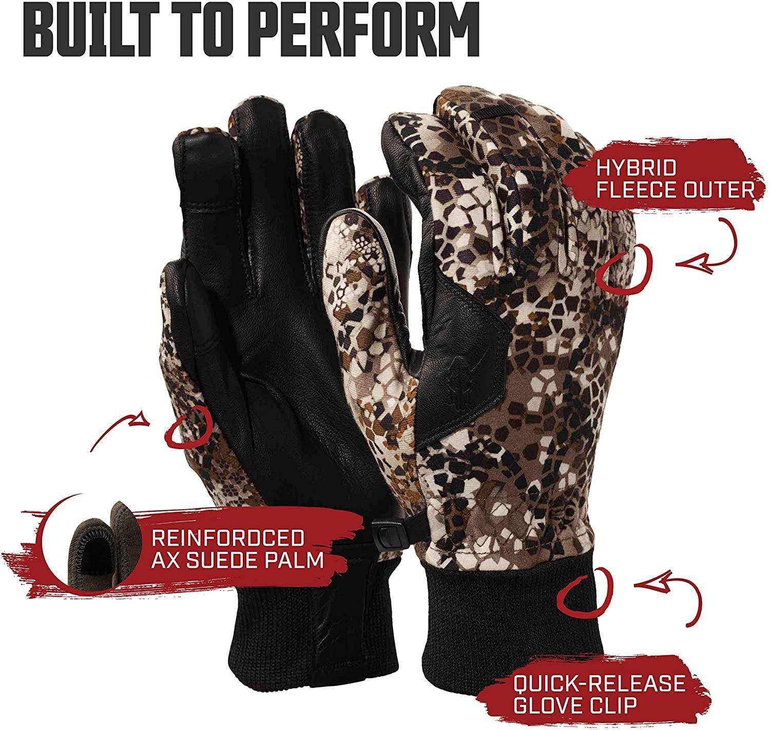 Badlands hybrid outdoor glove with camo fleece outer, black reinforced suede palm, and glove clip.