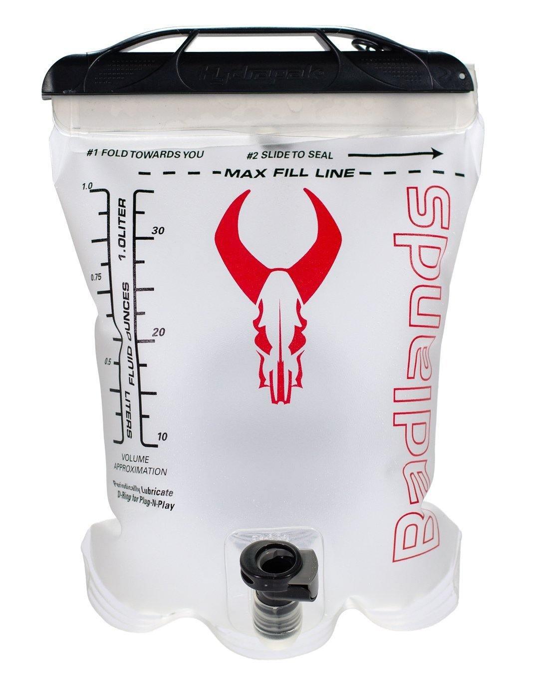 Badlands hydration reservoir with red skull logo and liter markings on a white bag