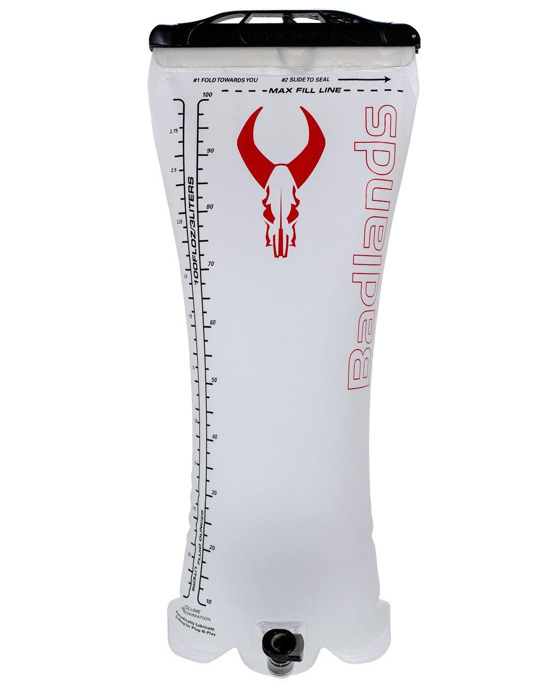 Badlands hydration reservoir with red logo and clear liter measurements for outdoor sports