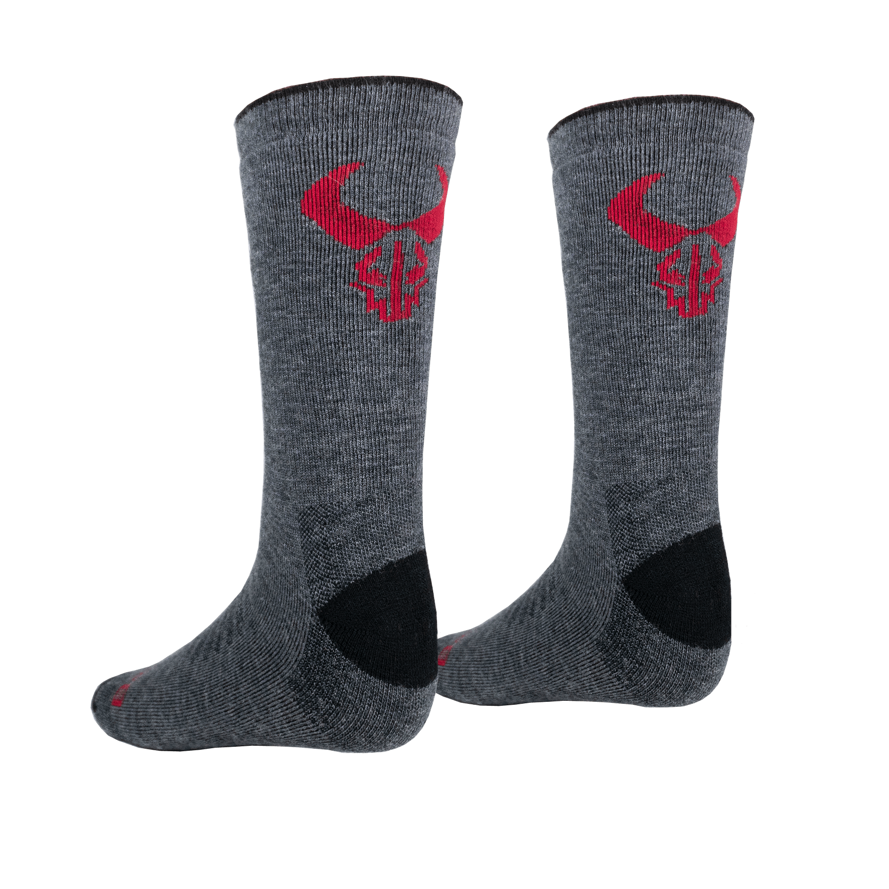 Gray Badlands Incedo midweight crew socks with red skull logo and black heel accents