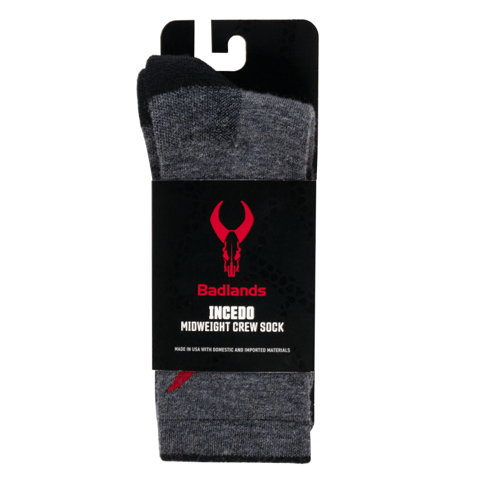 Badlands Incedo midweight crew sock in dark gray with branded packaging