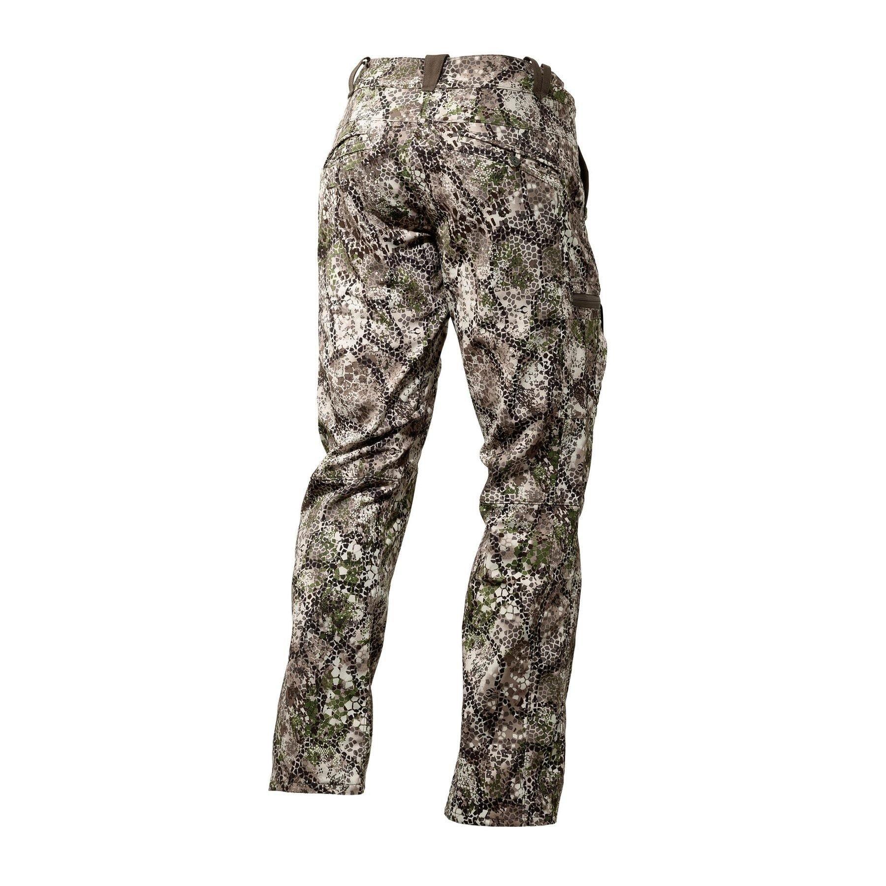 Badlands Ion X camo hunting pants with multi-color woodland pattern, rear view