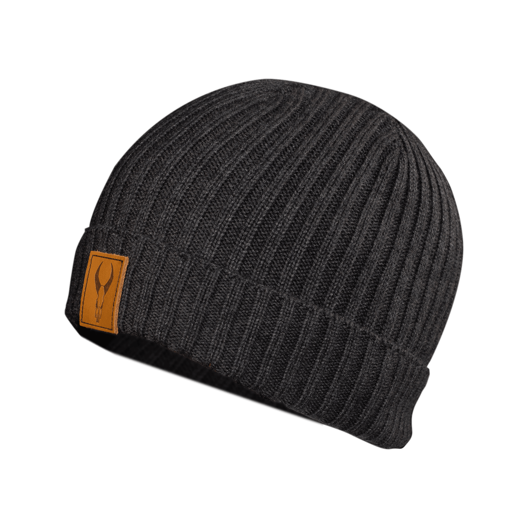 Black ribbed knit beanie with brown leather patch and outdoor skull logo