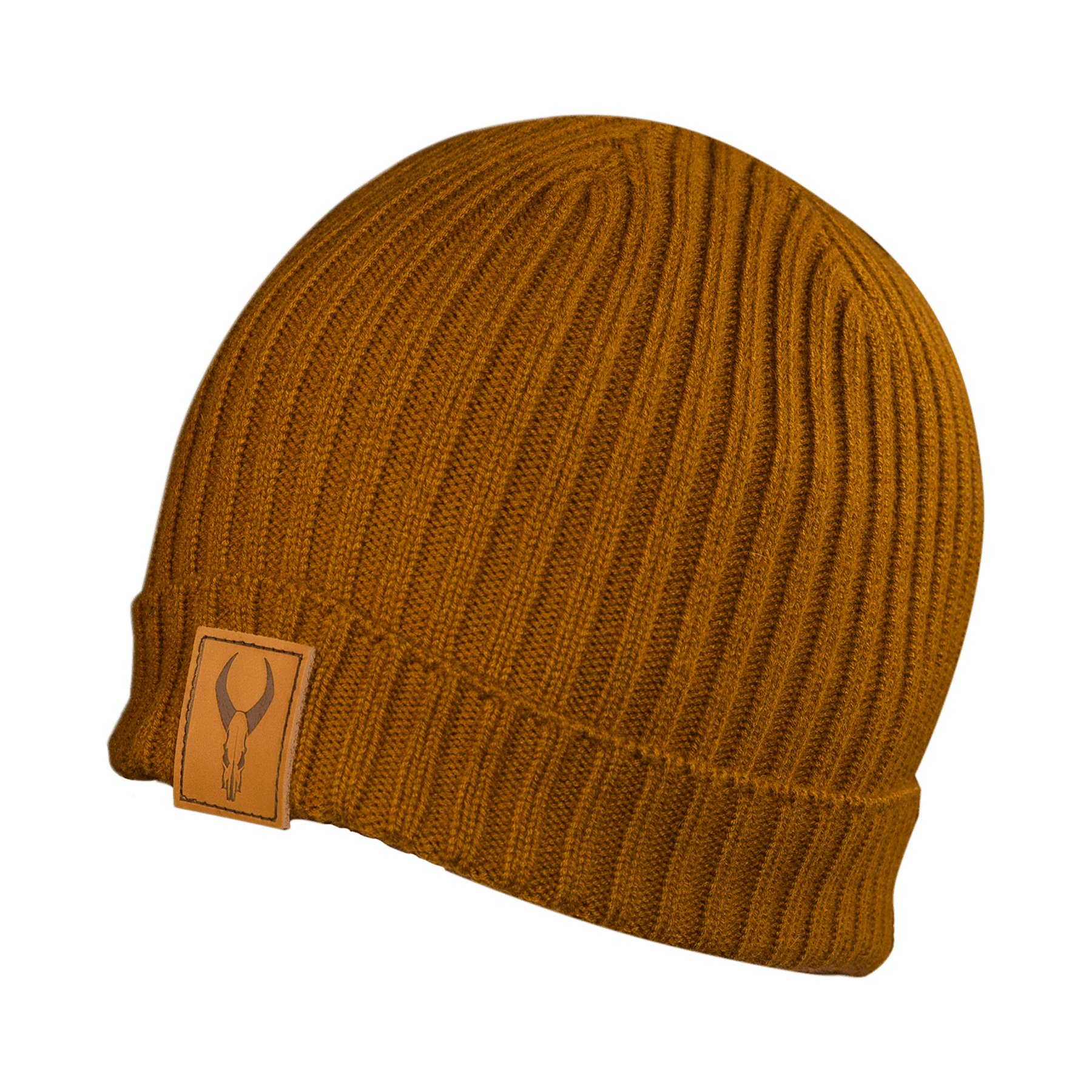 Brown ribbed knit beanie with leather patch and horned skull logo on front