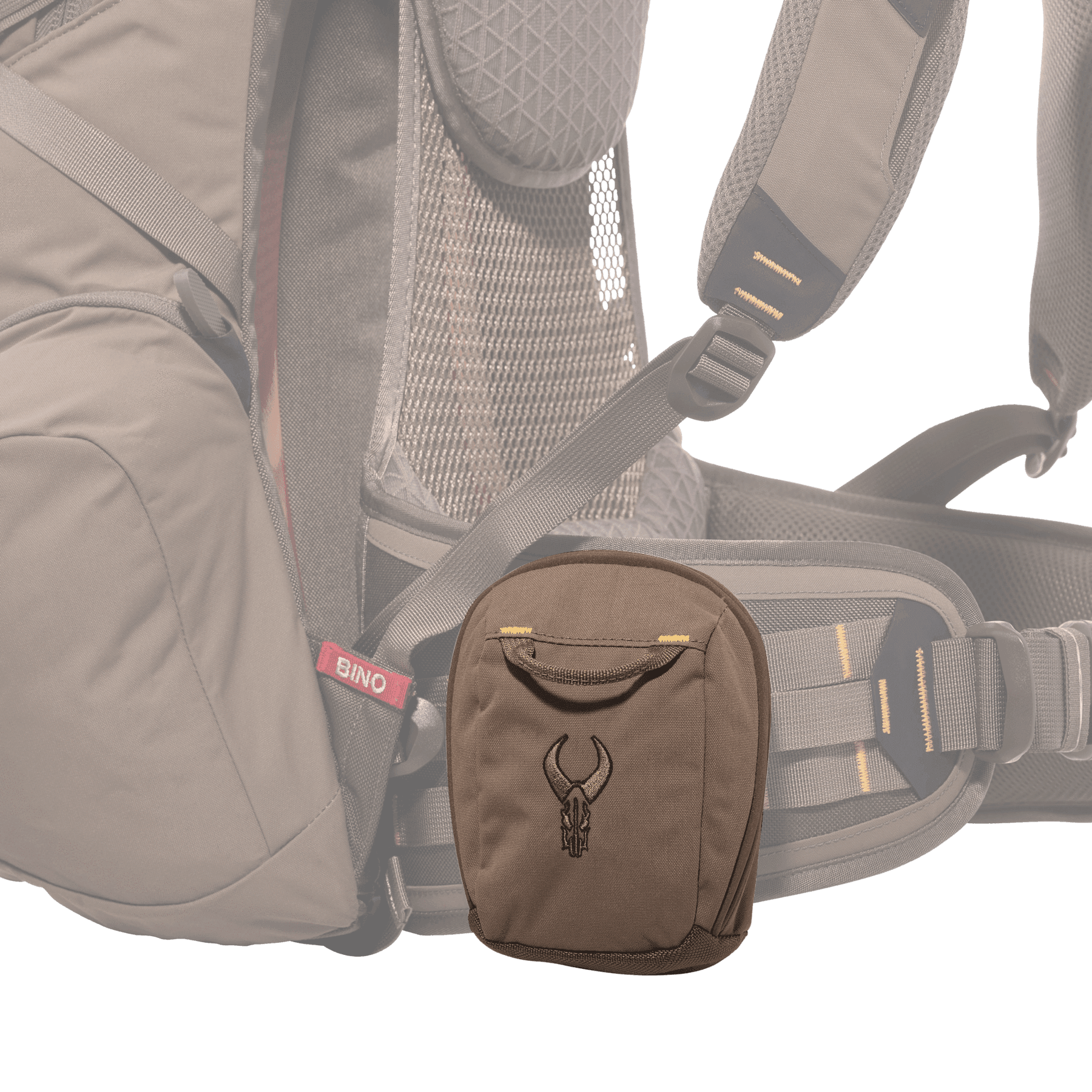 Badlands Mag Belt Pocket attached to brown hiking backpack hip belt with mesh padding