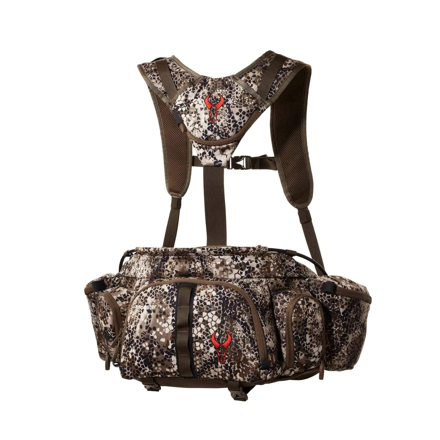 Badlands Monster Fanny Pack in camo with harness and multiple zippered pockets