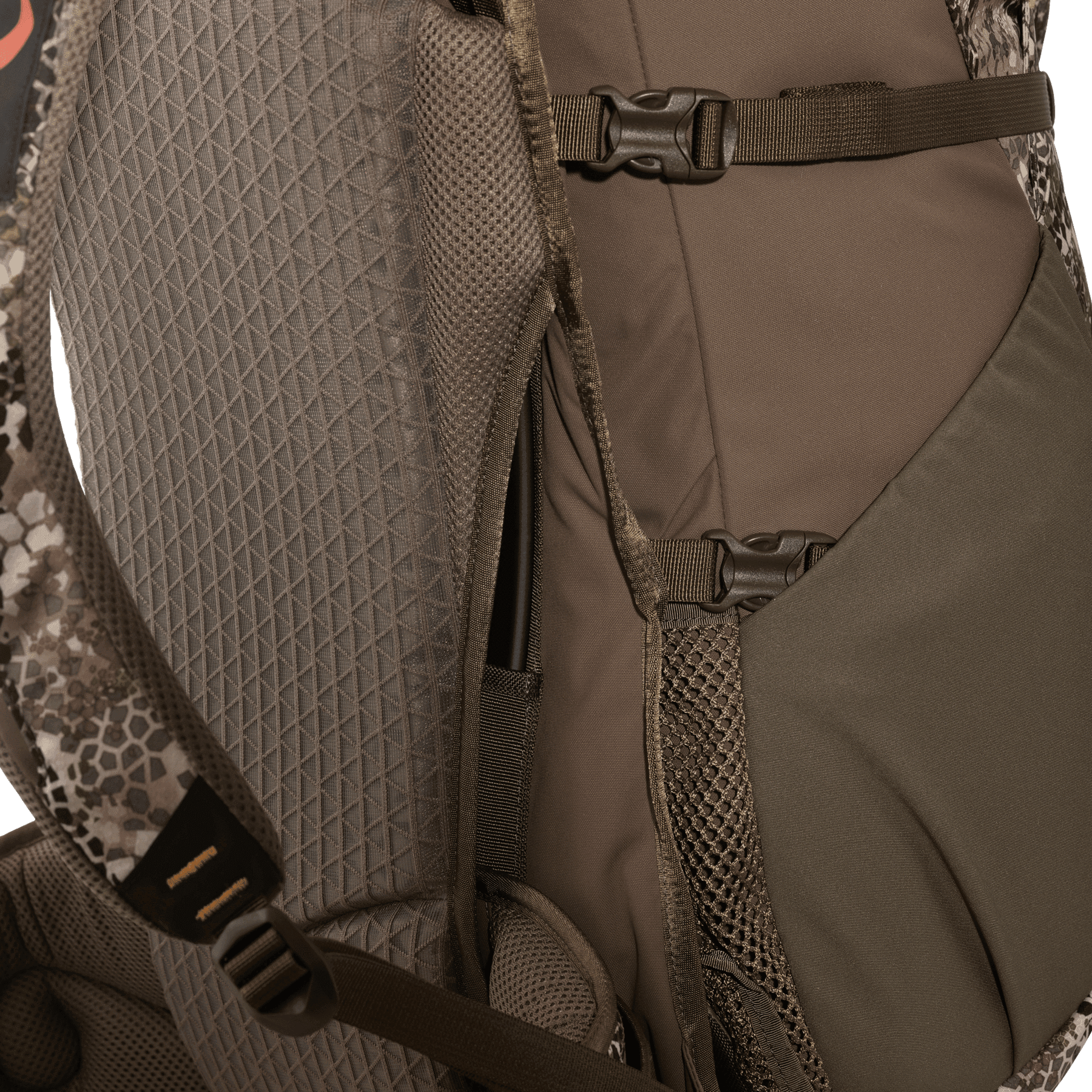 Close-up of Badlands MRK 6 frame pack with padded straps, mesh pocket, and buckle details