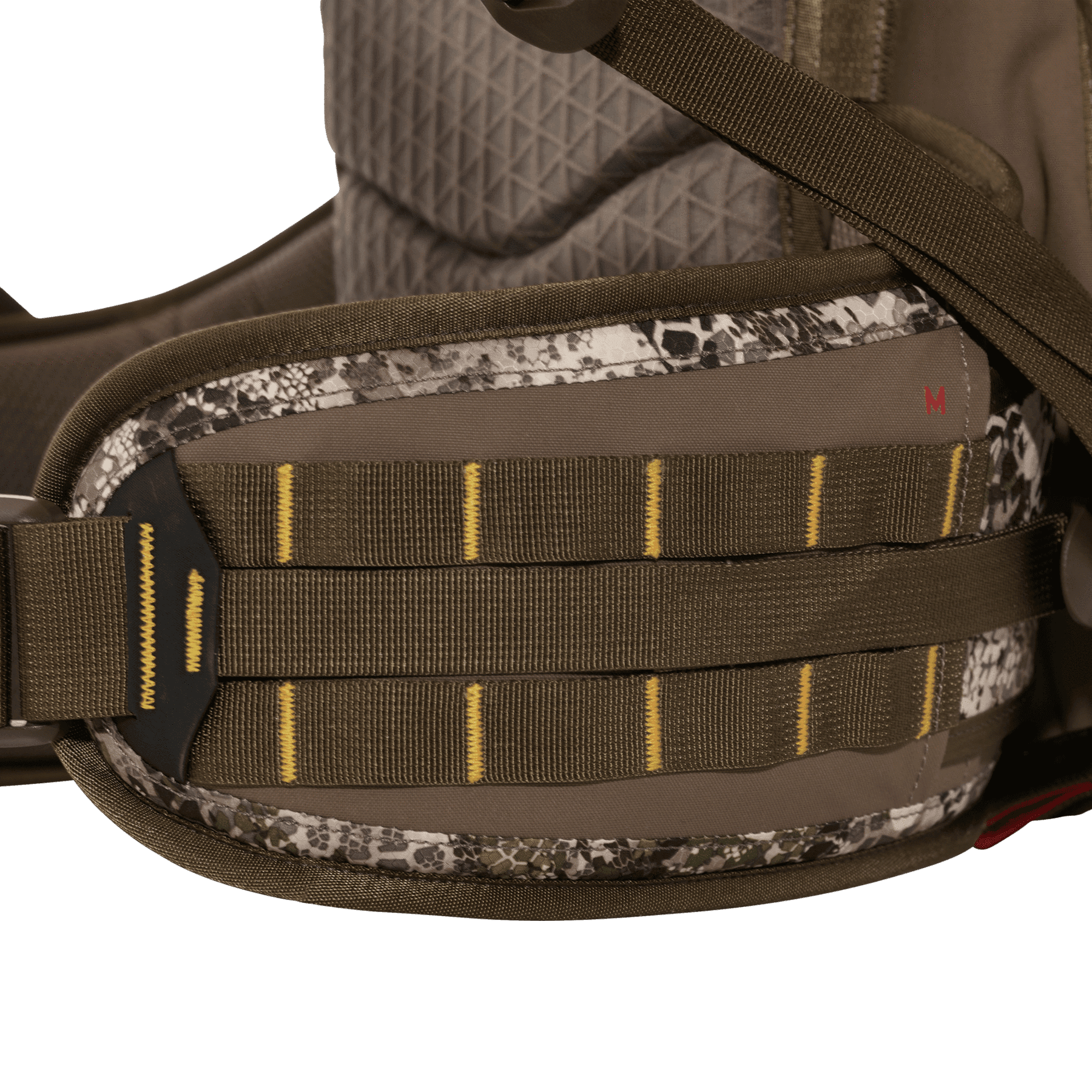 Close-up of Badlands MRK 6 frame pack hip belt with yellow stitching and camo accents