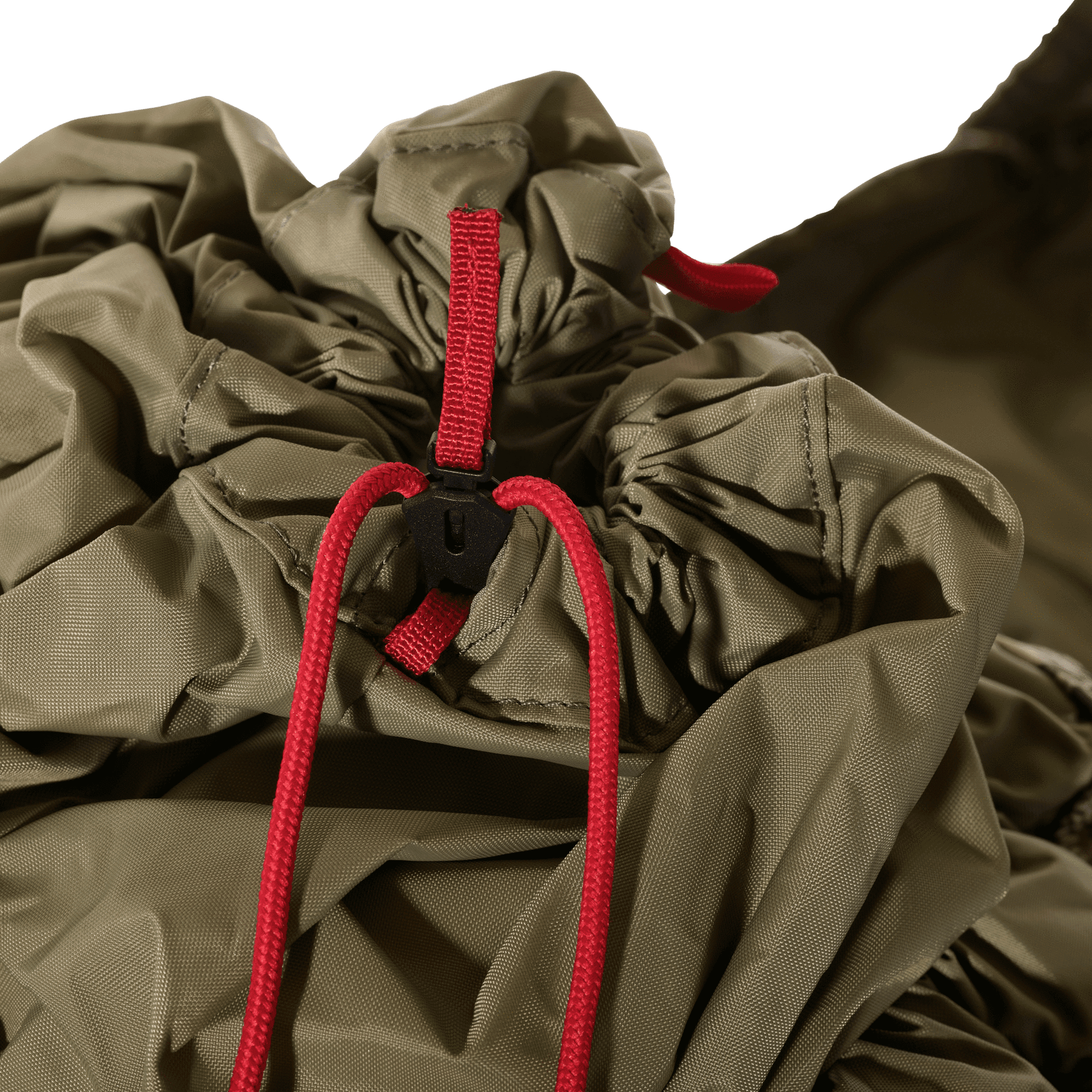 Olive green backpack drawstring closure with red cord and black clip, outdoor gear