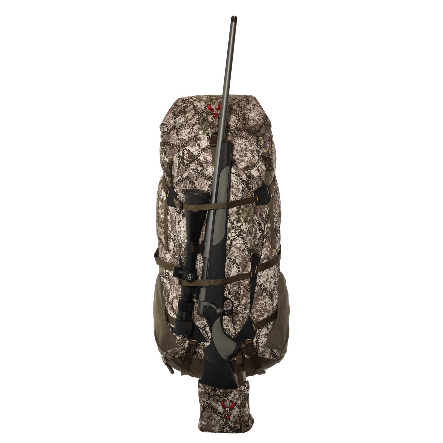 Badlands MRK 6 camo hunting backpack with rifle strapped to front, isolated on blue background