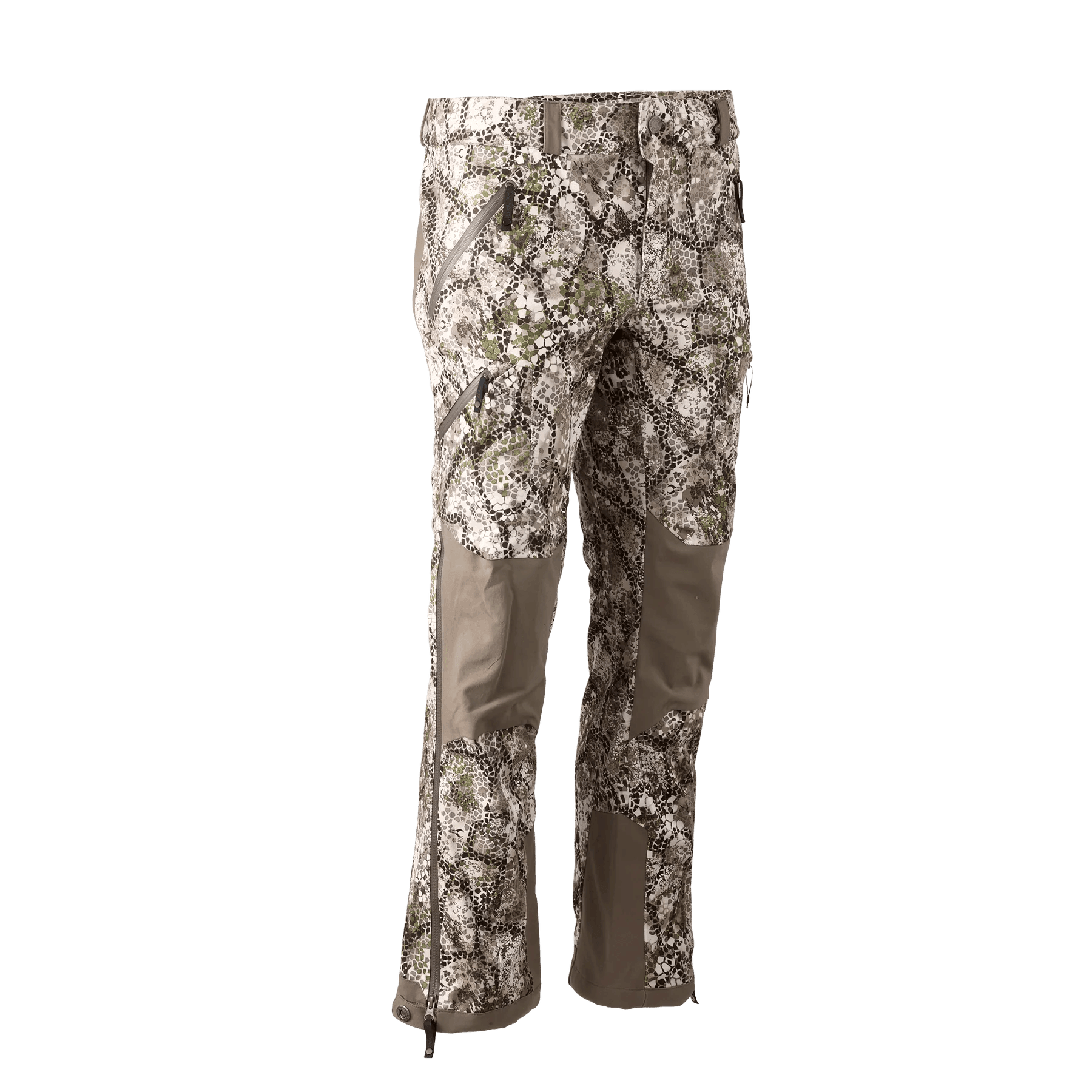 Badlands Omega waterproof camo pants with zip pockets and reinforced knees on display