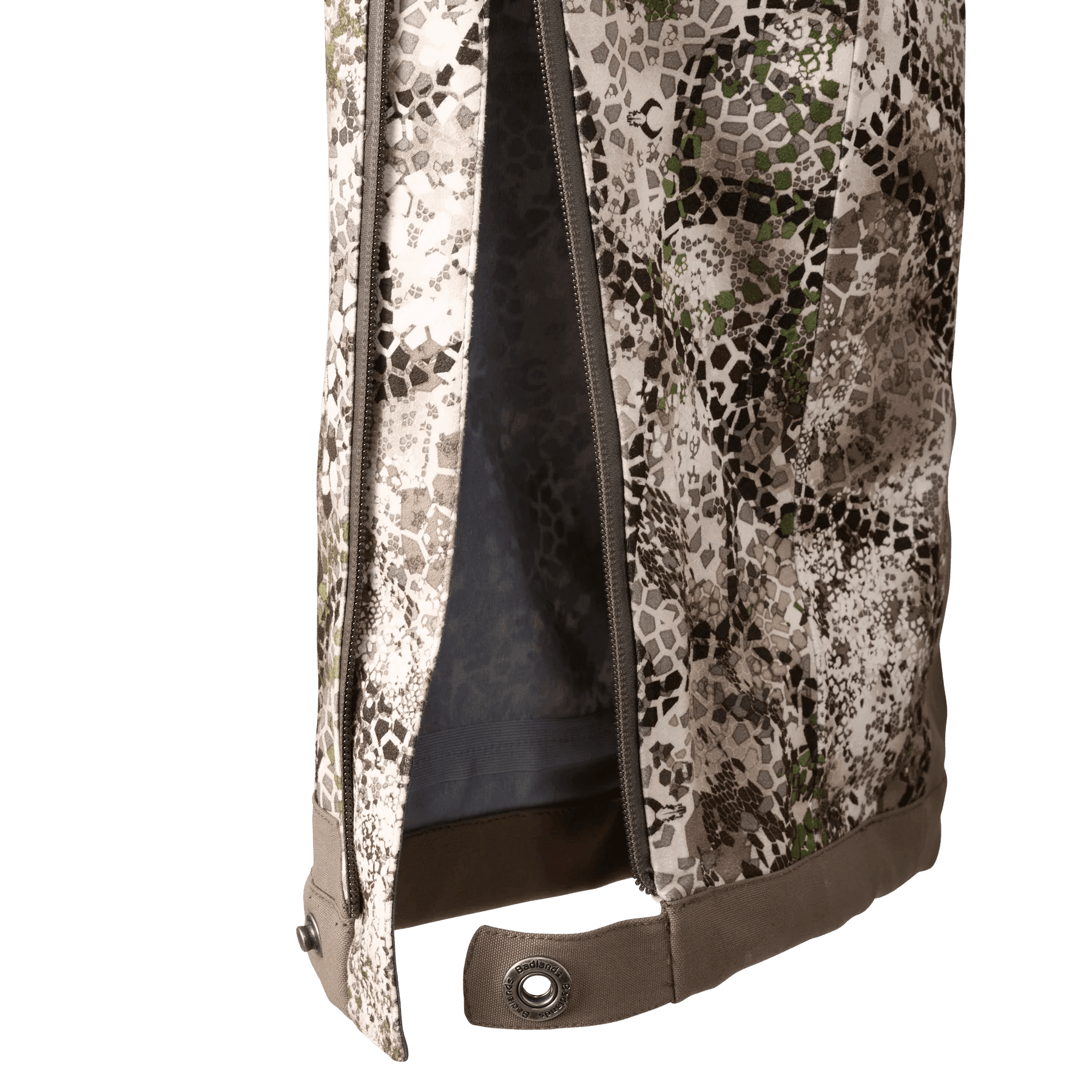 Badlands Omega waterproof camo pants close-up with leg zipper and snap button