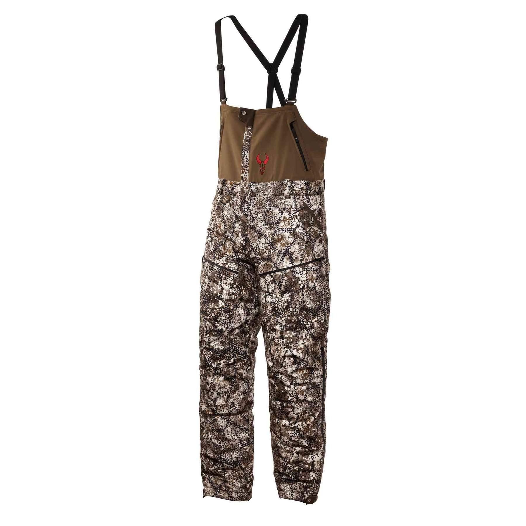 Badlands Pyre Bib camo hunting overalls with suspenders on white background