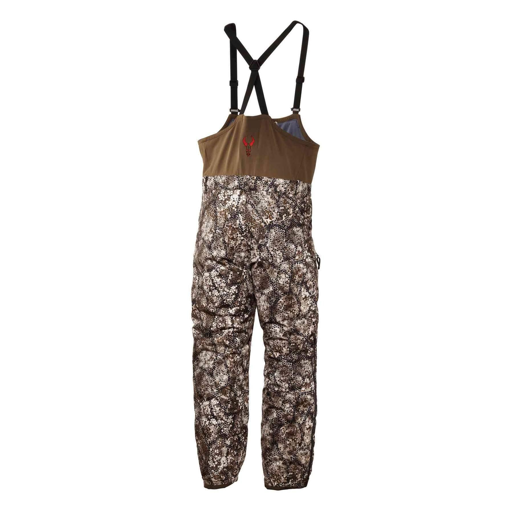 Badlands Pyre Bib camo hunting overalls with adjustable suspenders on white background