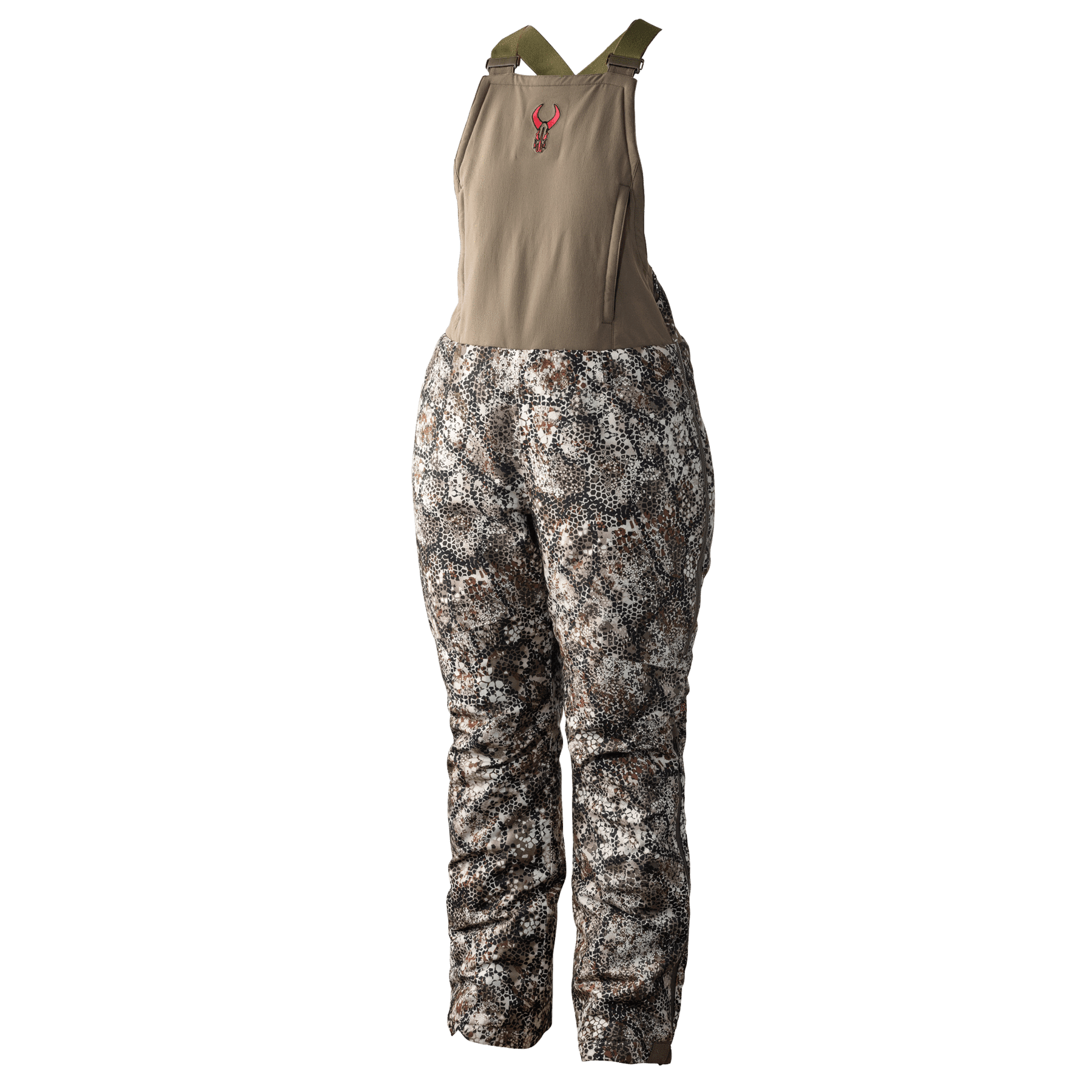 Badlands Pyre women's camo hunting bib with tan top and camouflage pants