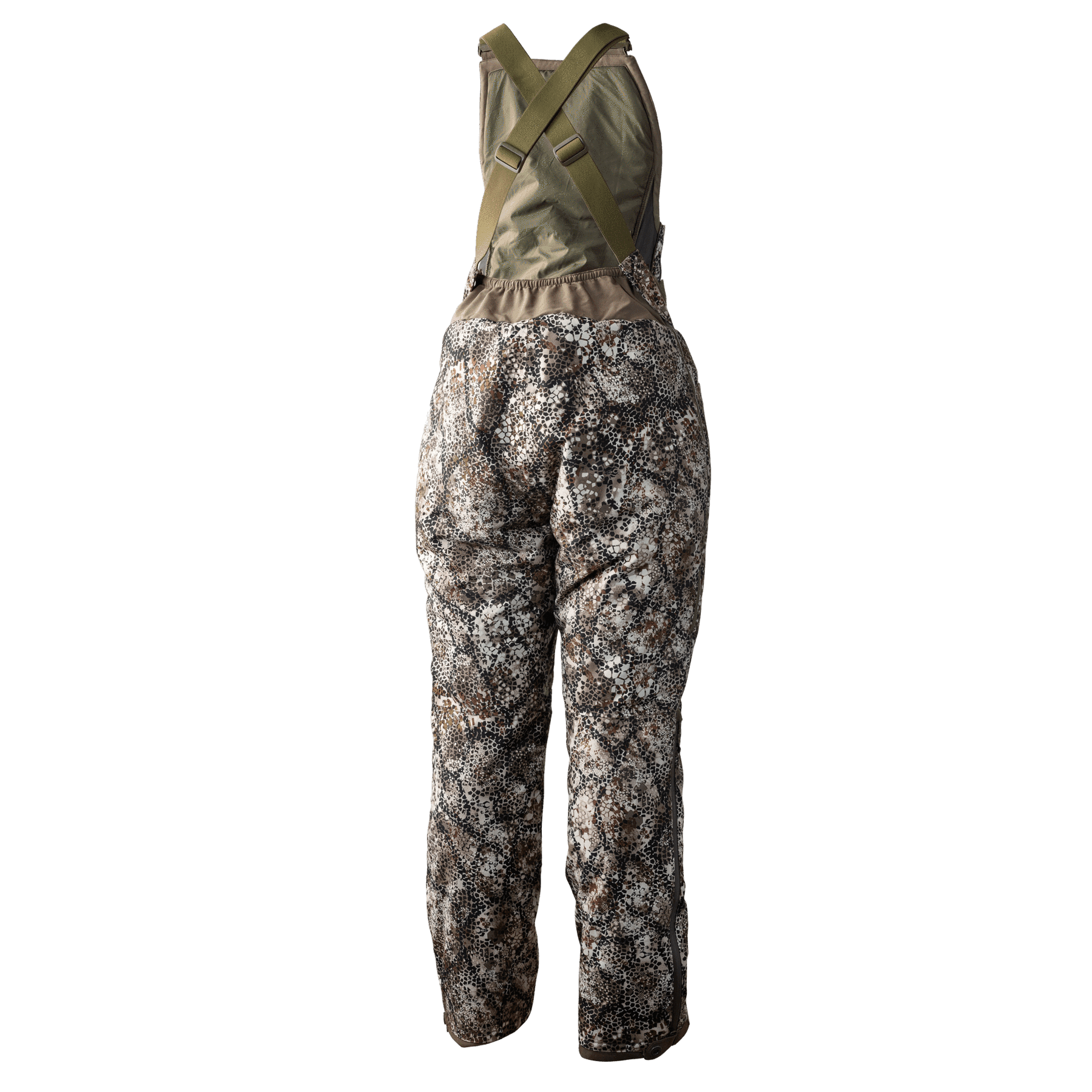 Women's camo insulated hunting bib pants with crossover straps, outdoor apparel