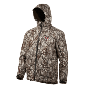 Badlands Pyre camo jacket with hood, zip front, and outdoor sports pattern on display