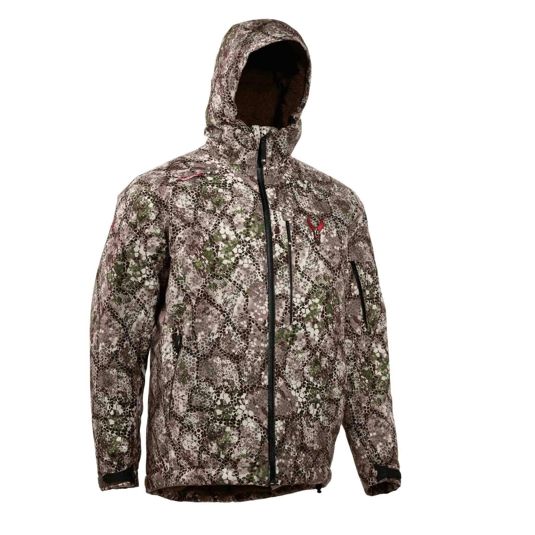 Badlands Pyre camo jacket with hood, zippered front, and outdoor hunting pattern