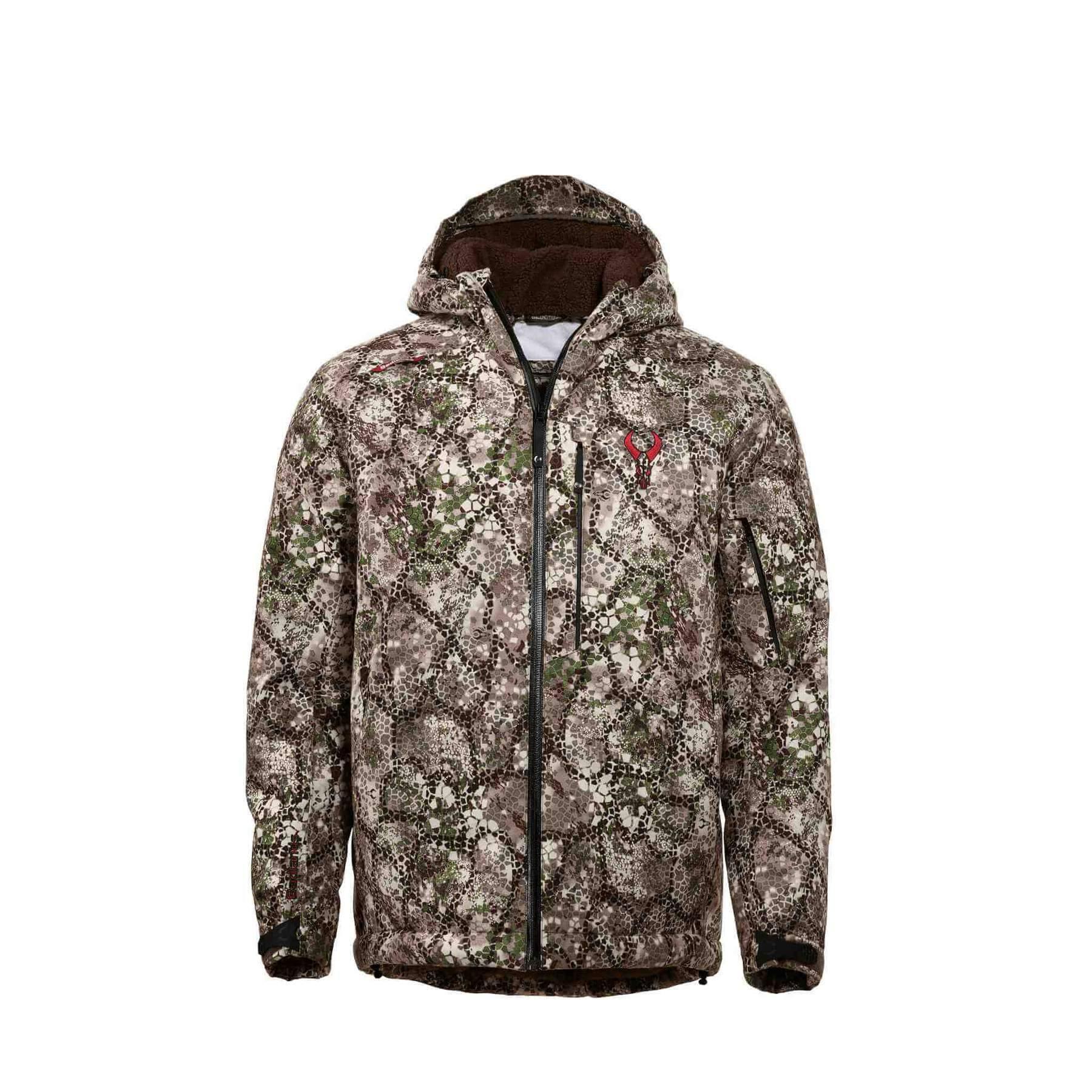 Badlands Pyre camo hunting jacket with hood and zippered pockets on white background