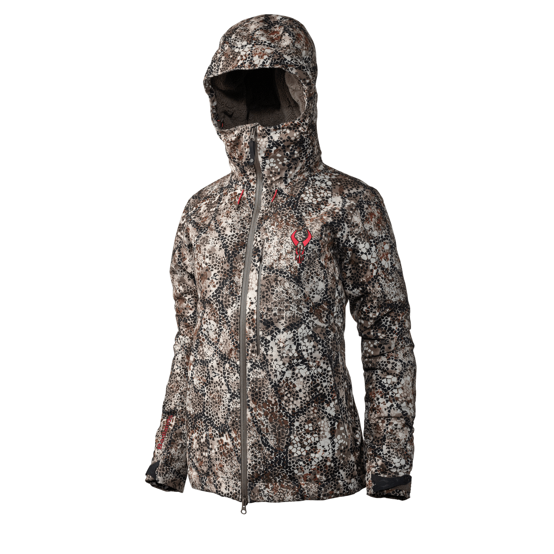Badlands Pyre women's camo hunting jacket with hood and red logo on chest