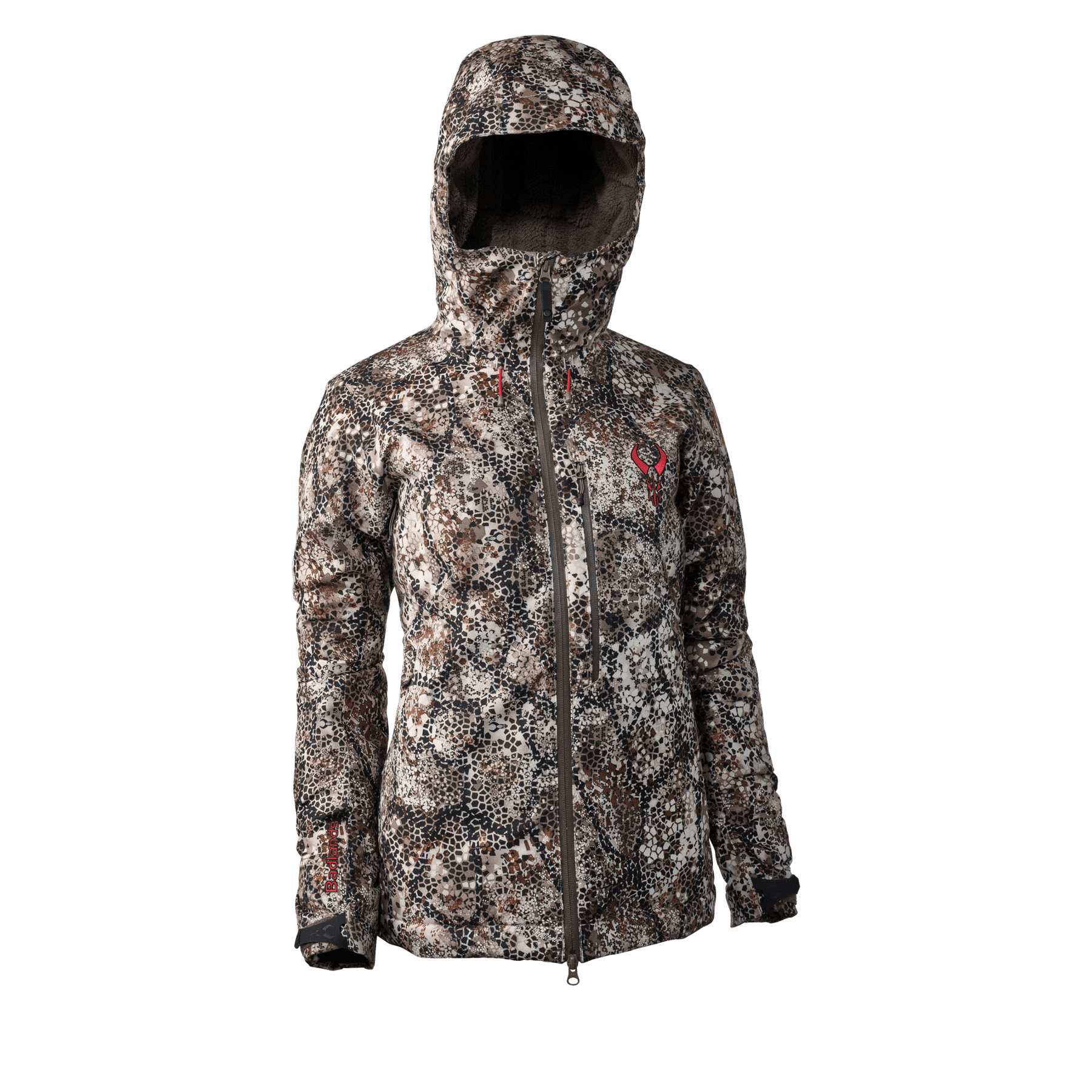 Women's camo Badlands Pyre Jacket with hood, full zip, outdoor sports apparel