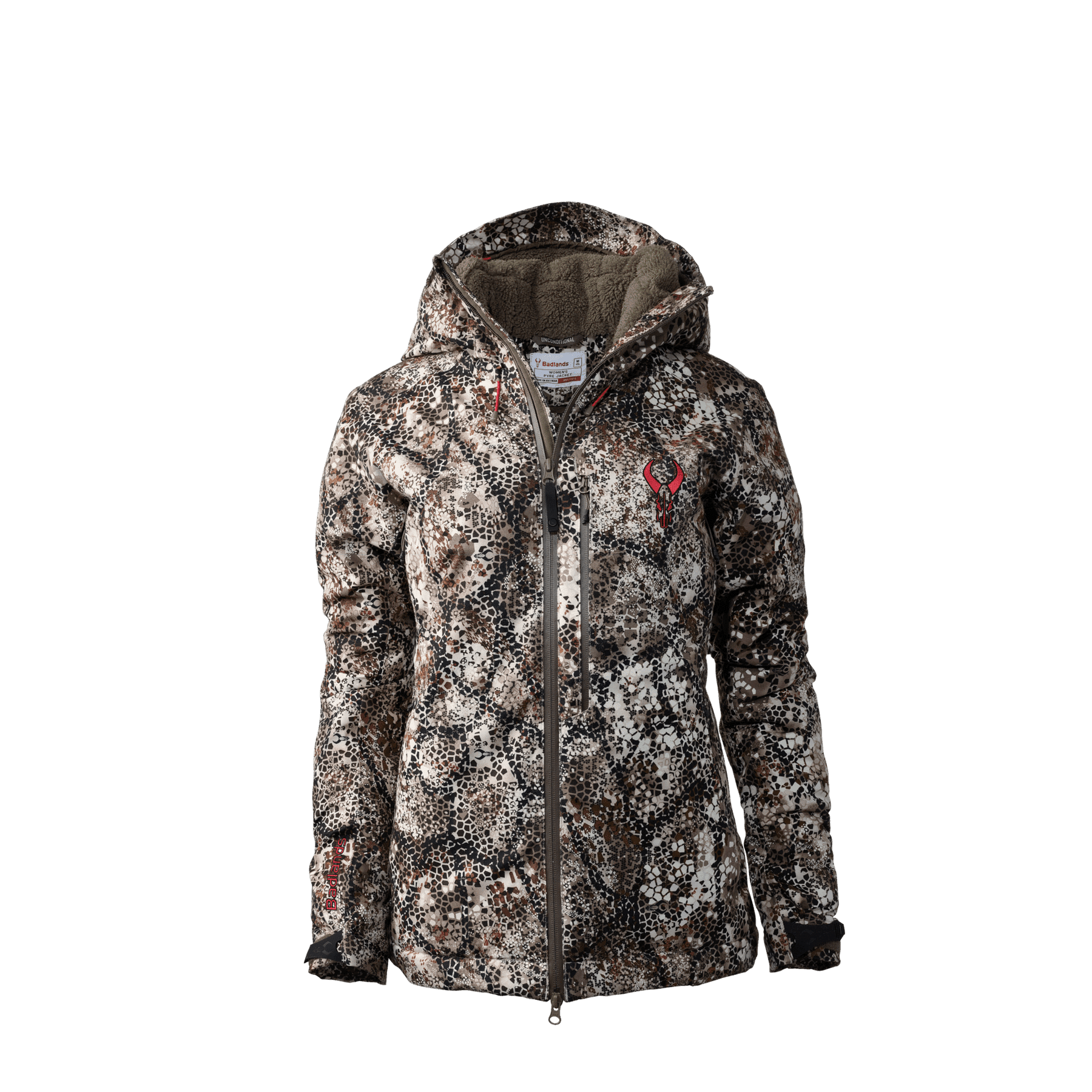 Badlands Pyre women's camo hunting jacket with hood and full zipper