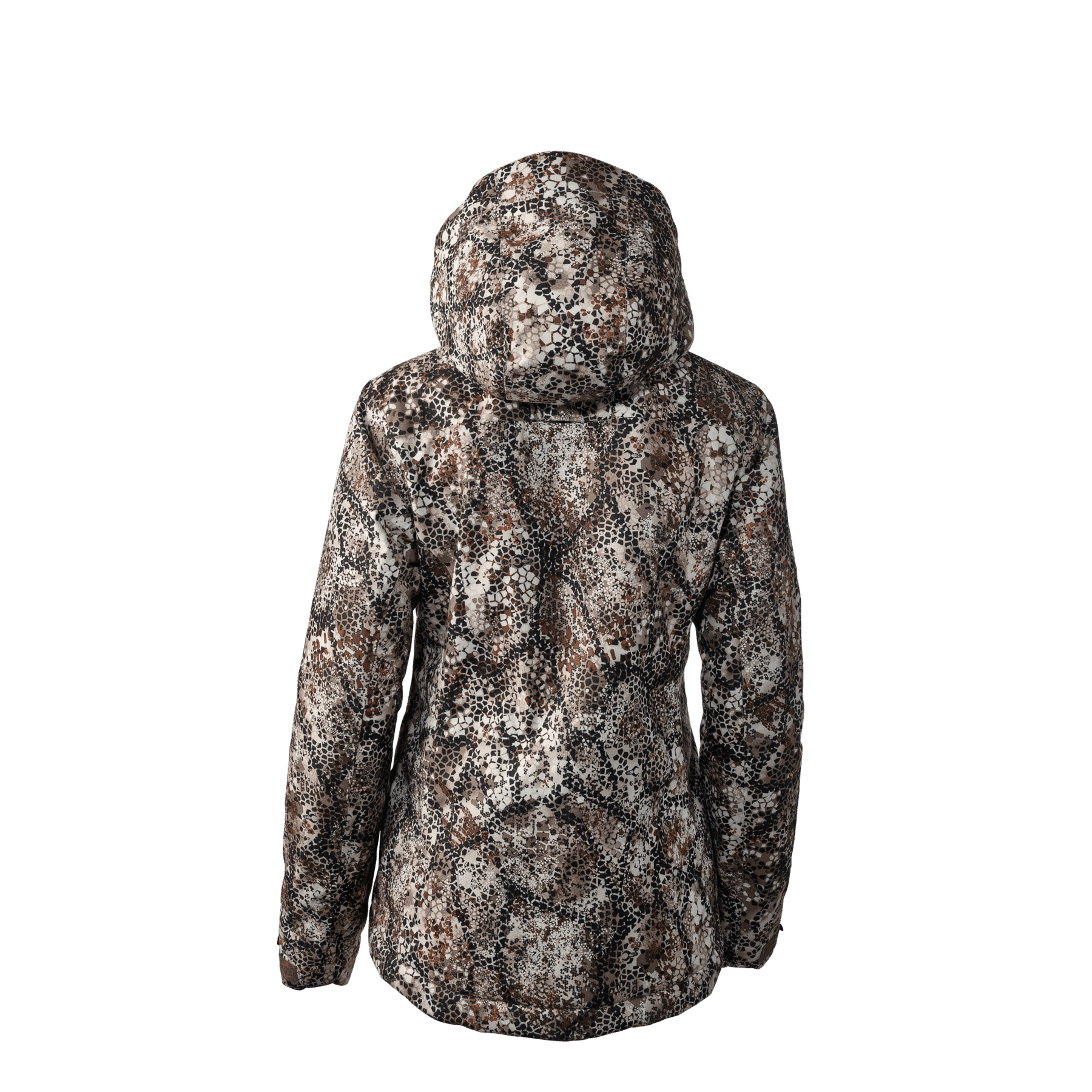 Badlands Pyre women's camo jacket with hood, shown from the back on a solid background