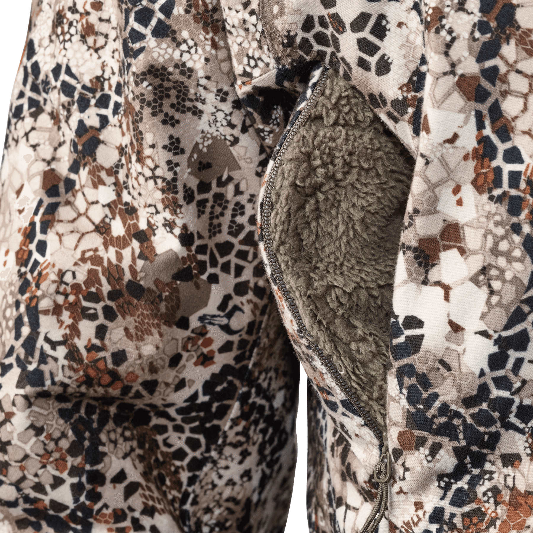 Close-up of Badlands Pyre Jacket women's camo pattern with fleece zip pocket