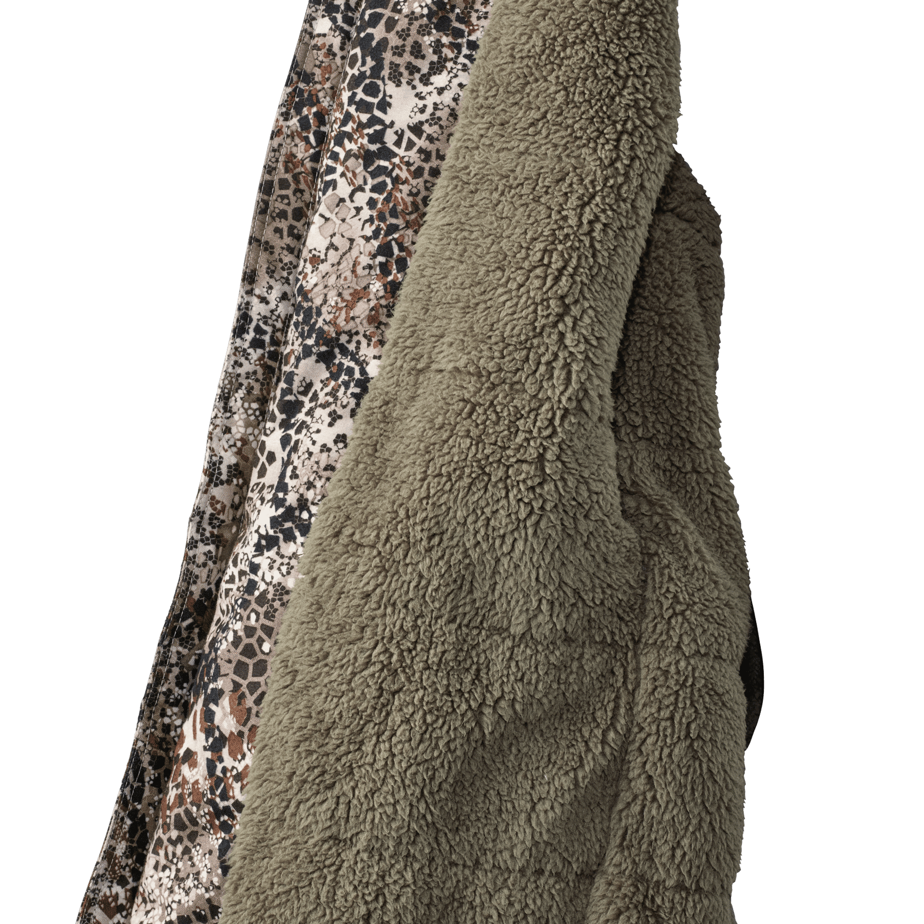 Olive green fleece-lined women's jacket with camouflage print interior, outdoor apparel