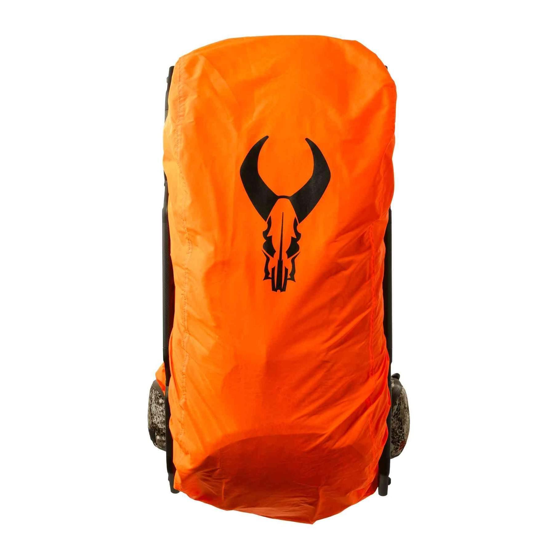 Bright orange Badlands rain cover with black skull logo on outdoor backpack