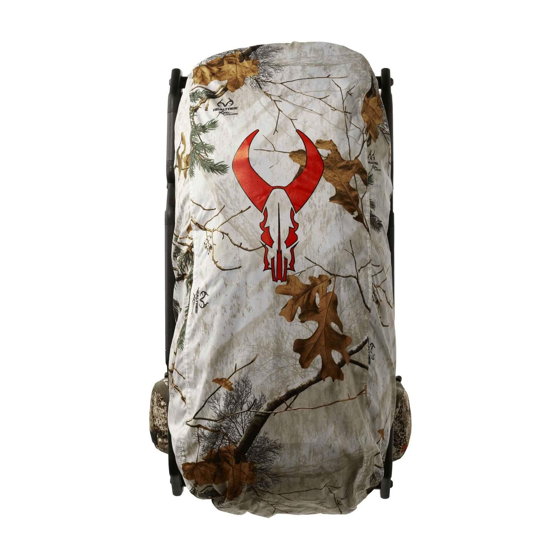 Badlands camo rain cover for backpack with red skull logo and leaf pattern