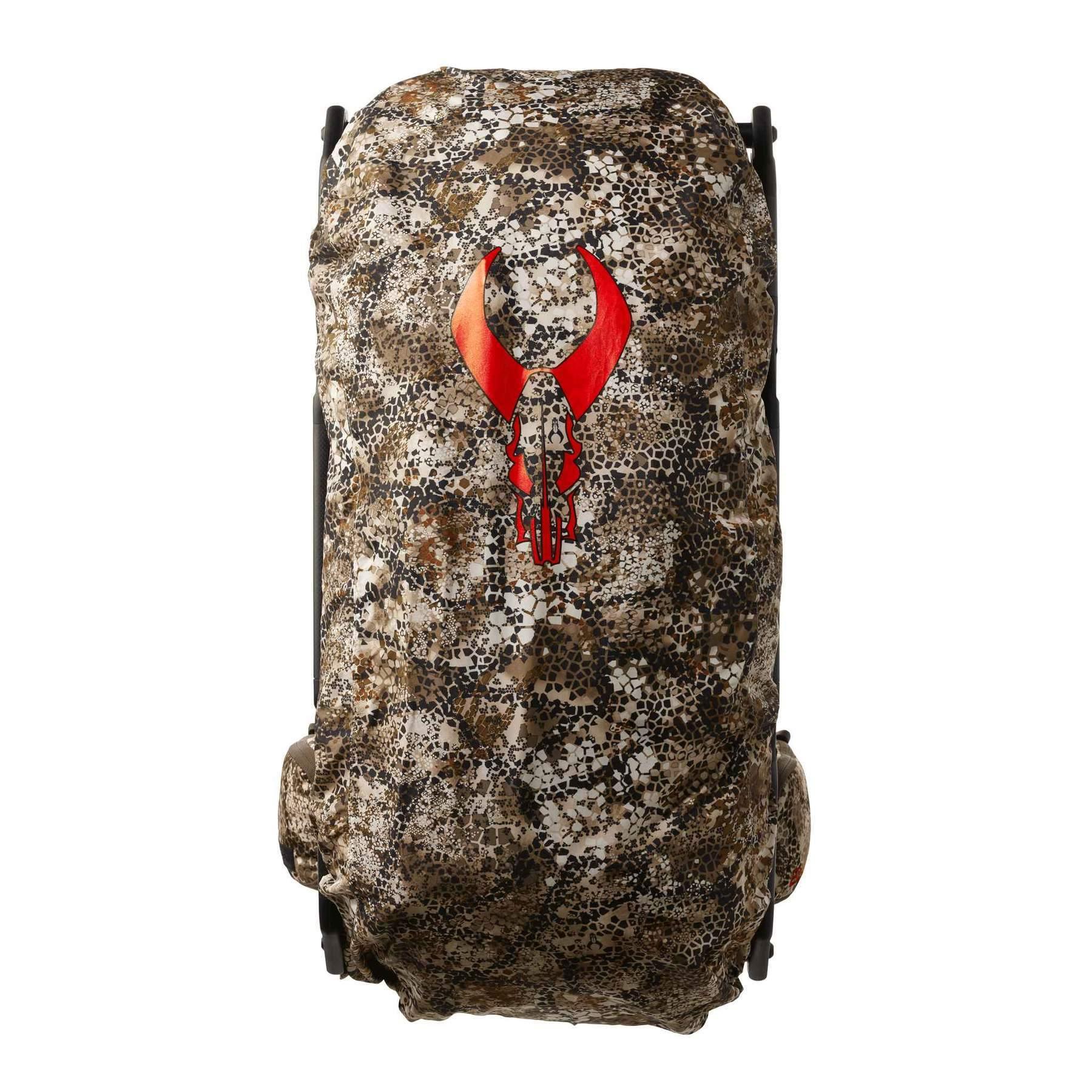 Camouflage Badlands rain cover for backpack with red antler logo outdoors