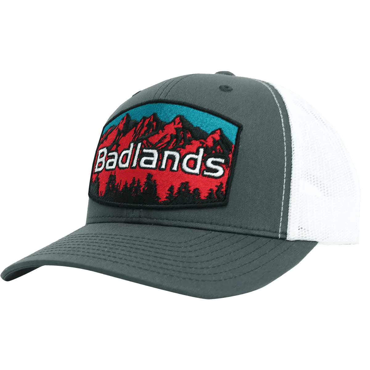 Badlands red mountain patch trucker hat with white mesh back